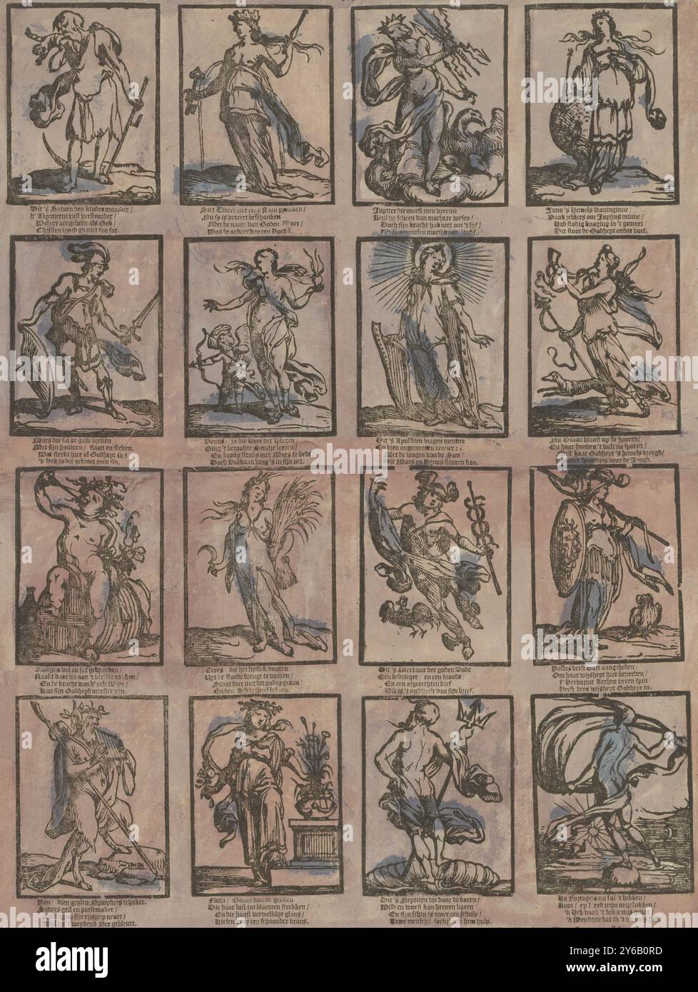 Raffigurazione delle principali divinità e dee antiche (titolo sull'oggetto), Foglio con 16 rappresentazioni di divinità e dee, come Saturno, Giunone e Cerere. Sotto ogni immagine un verso di quattro righe., stampa, editore: Gijsbert de Groot, (menzionato sull'oggetto), stampatore: Anonimo, Amsterdam, 1638 - 1692, carta, stampa intestata, altezza, 377 mm x larghezza, 289 mm Foto Stock