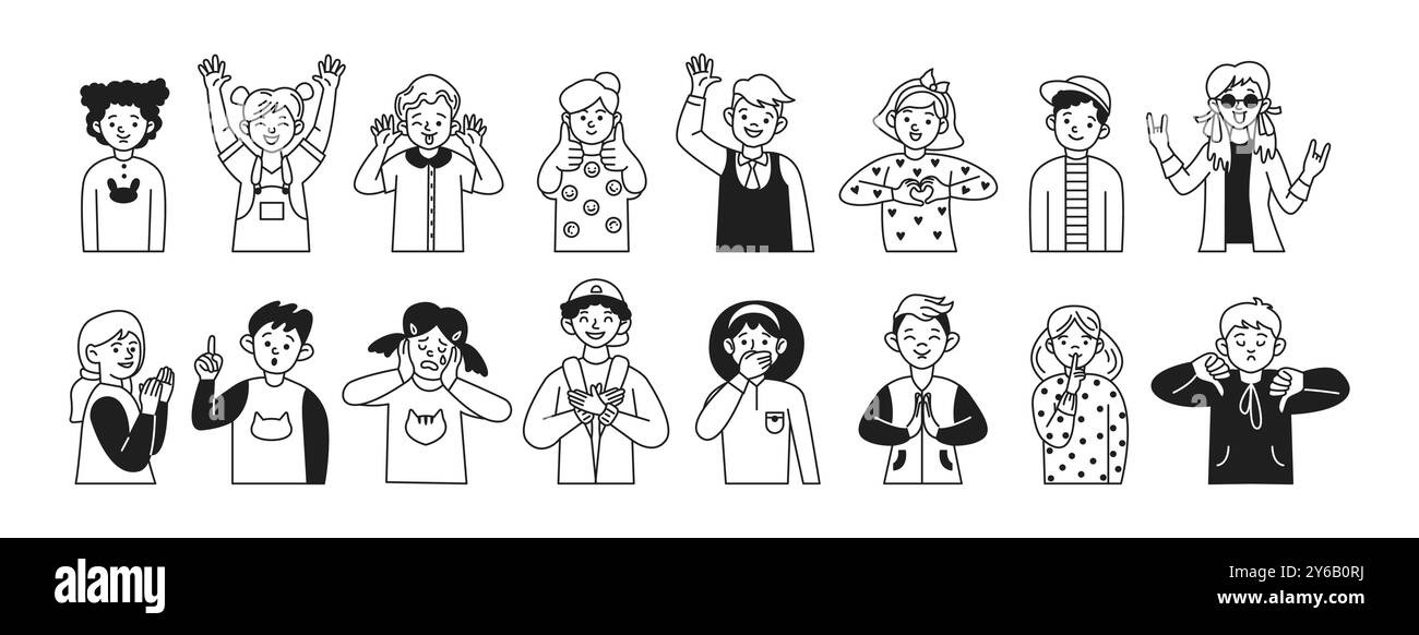 Bambini che esprimono varie emozioni collezione di icone lineari Illustrazione Vettoriale