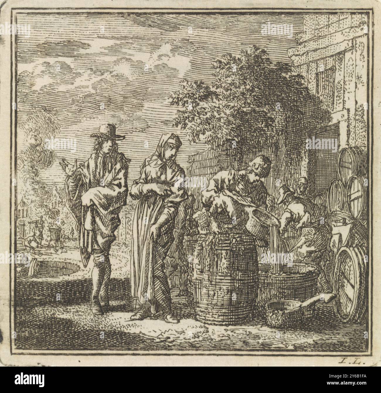 Barrel è pieno di catrame, De Teertuin, stampa, tipografo: Jan Luyken, (menzionato sull'oggetto), editore: Weduwe Pieter Arentsz & Cornelis van der Sys (II), Amsterdam, 1711, carta, incisione, stampa con carta intestata, altezza, 85 mm x larghezza, 88 mm Foto Stock