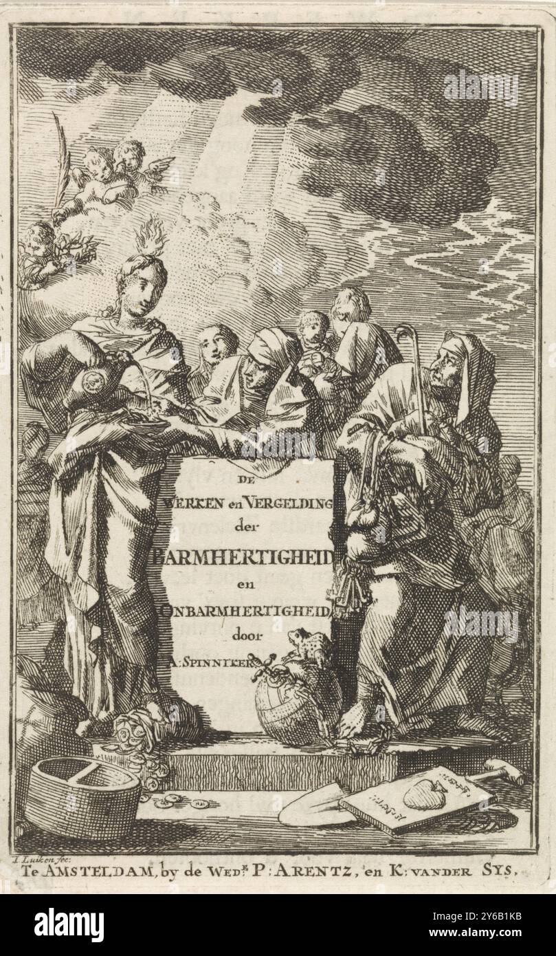 Frontespizio di Adriaan Spinniker 'The Works and Retribution of Mercy and Mercy' 1711, Una grande pietra, su cui il titolo del libro, è affiancato da una personificazione della Misericordia, con una fiamma sulla testa, e una personificazione di Avarice, incatenata a un globo con un percorso su di esso., stampa, stampatore: Jan Luyken, (menzionato sull'oggetto), editore: Weduwe Pieter Arentsz, (1711), Amsterdam Syder, Cornelis van der, incisione, stampa letterpress, altezza, 141 mm x larghezza, 90 mm Foto Stock