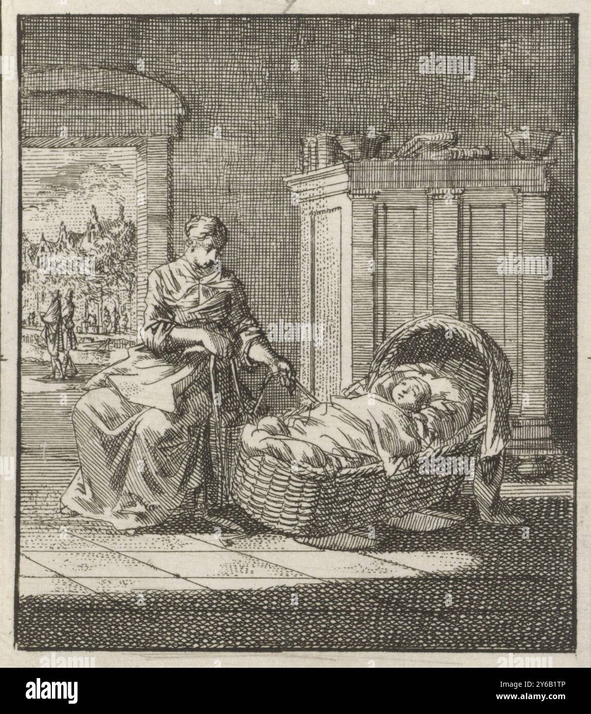 Madre fa dormire il bambino in una culla, la culla, stampa, stampatore: Jan Luyken, Amsterdam, 1712, carta, incisione, altezza, 95 mm x larghezza, 84 mm Foto Stock