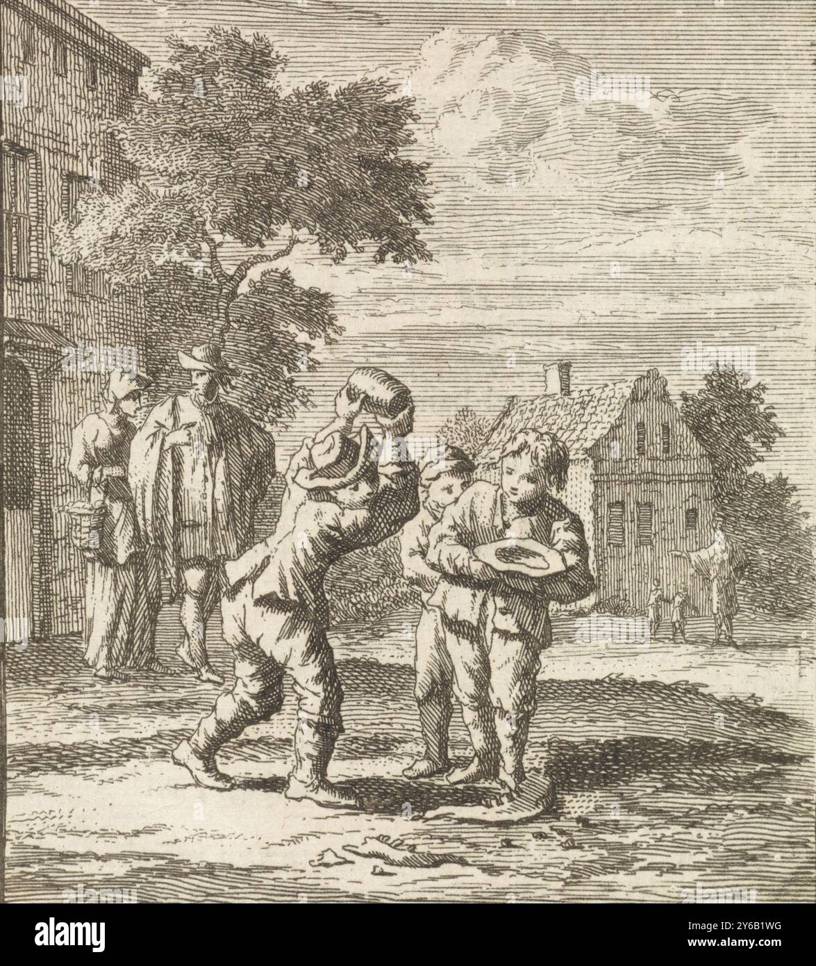 I bambini giocano ossekies, De Ossekies, stampa, stampatore: Zacharias Chatelain (II), dopo disegno di: Jan Luyken, editore: Weduwe Pieter Arentsz (II), Amsterdam, 1712, carta, incisione, stampa con carta intestata, altezza, 96 mm x larghezza, 85 mm Foto Stock