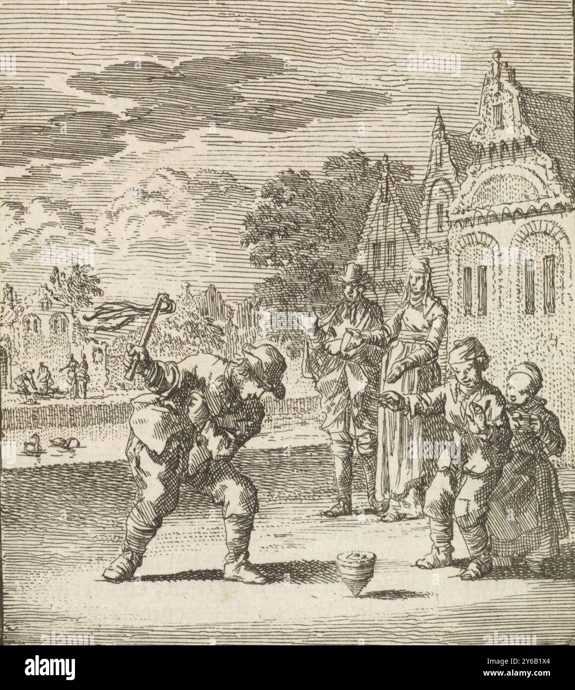 Bambini che giocano con una maglia rotante, De Drijftol, stampa, stampatore: Jan Luyken, stampatore: Zacharias Chatelain (II), editore: Weduwe Pieter Arentsz (II), Amsterdam, 1712, carta, incisione, stampa con carta intestata, altezza, 96 mm x larghezza, 86 mm Foto Stock