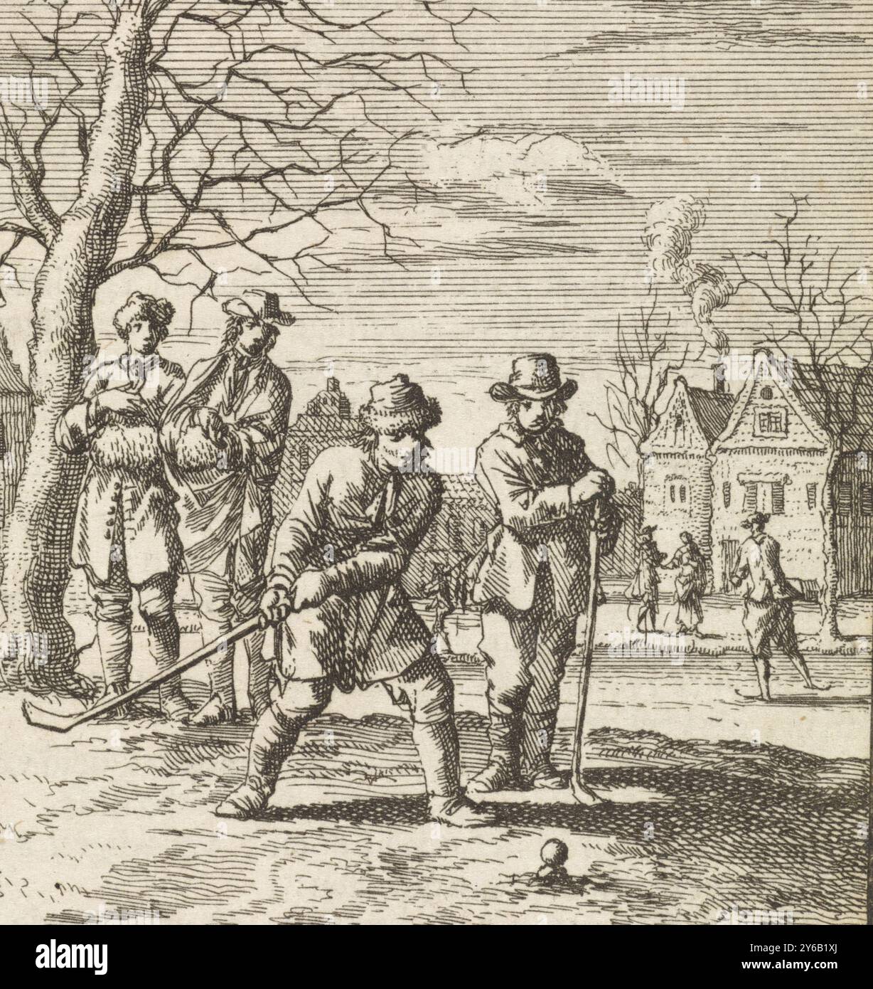 Ragazzi che giocano a golf, De Kolf, stampa, stampatore: Jan Luyken, stampatore: Zacharias Chatelain (II), editore: Weduwe Pieter Arentsz (II), Amsterdam, 1712, carta, incisione, stampa con carta intestata, altezza, 96 mm x larghezza, 85 mm Foto Stock