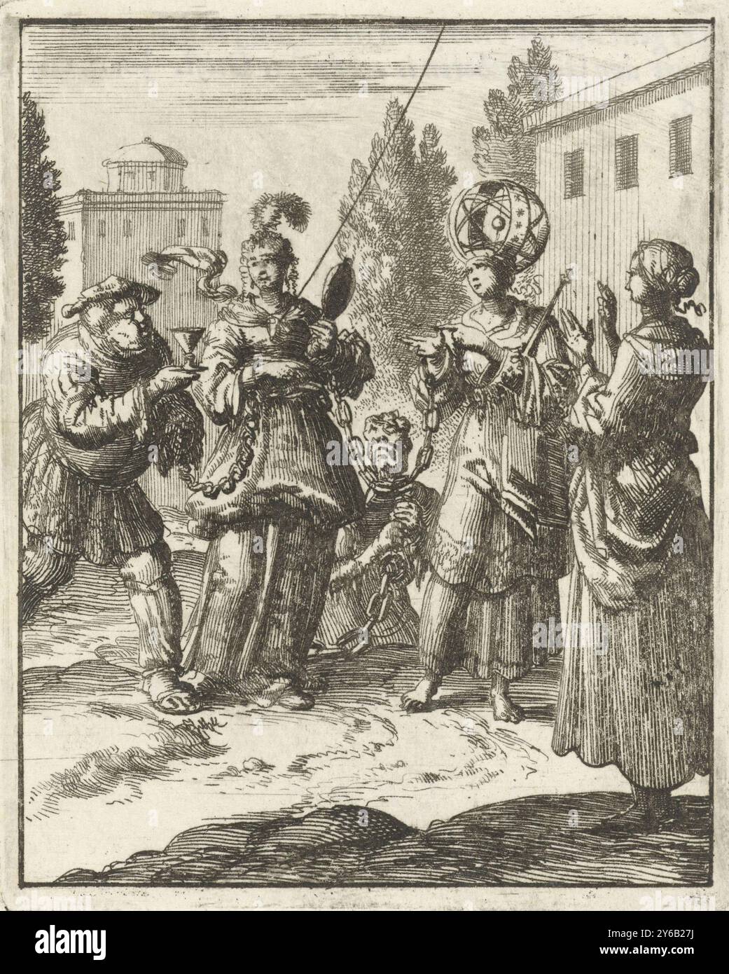 Donna che custodisce una donna riccamente vestita, che è incatenata al mondo, Lust and the Devil, o Goude freeheyt, stampatore: Jan Luyken, editore: Pieter Arentsz (II), Amsterdam, 1687, carta, incisione, stampa con carta intestata, altezza, 91 mm x larghezza, 73 mm Foto Stock