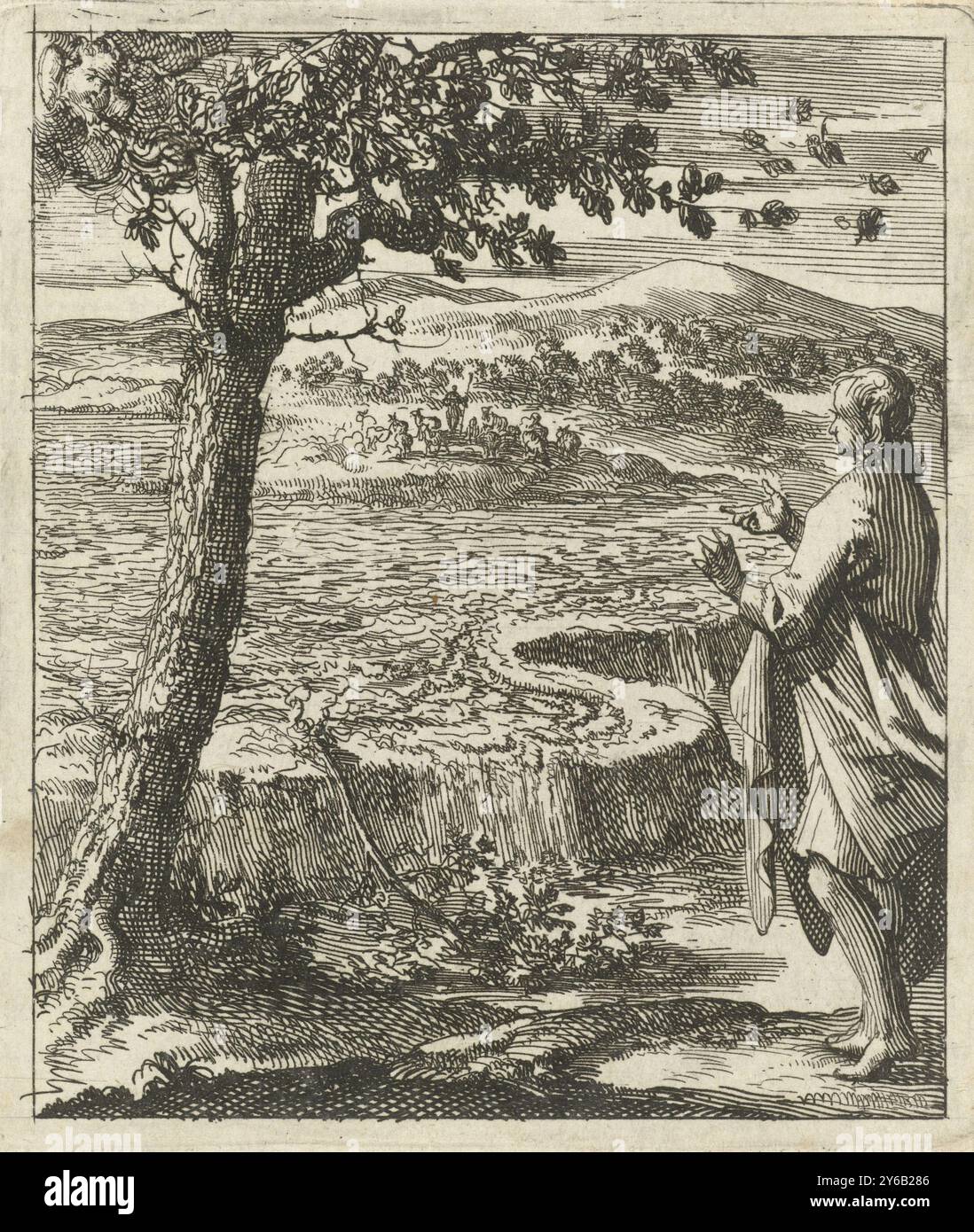 L'uomo è testimone di una violazione di dighe, spazzatura e catrame, facile per gli occhi, stampa, stampatore: Jan Luyken, editore: Weduwe Pieter Arentsz (II), Amsterdam, 1689, carta, incisione, stampa con carta intestata, altezza, 92 mm x larghezza, 80 mm Foto Stock