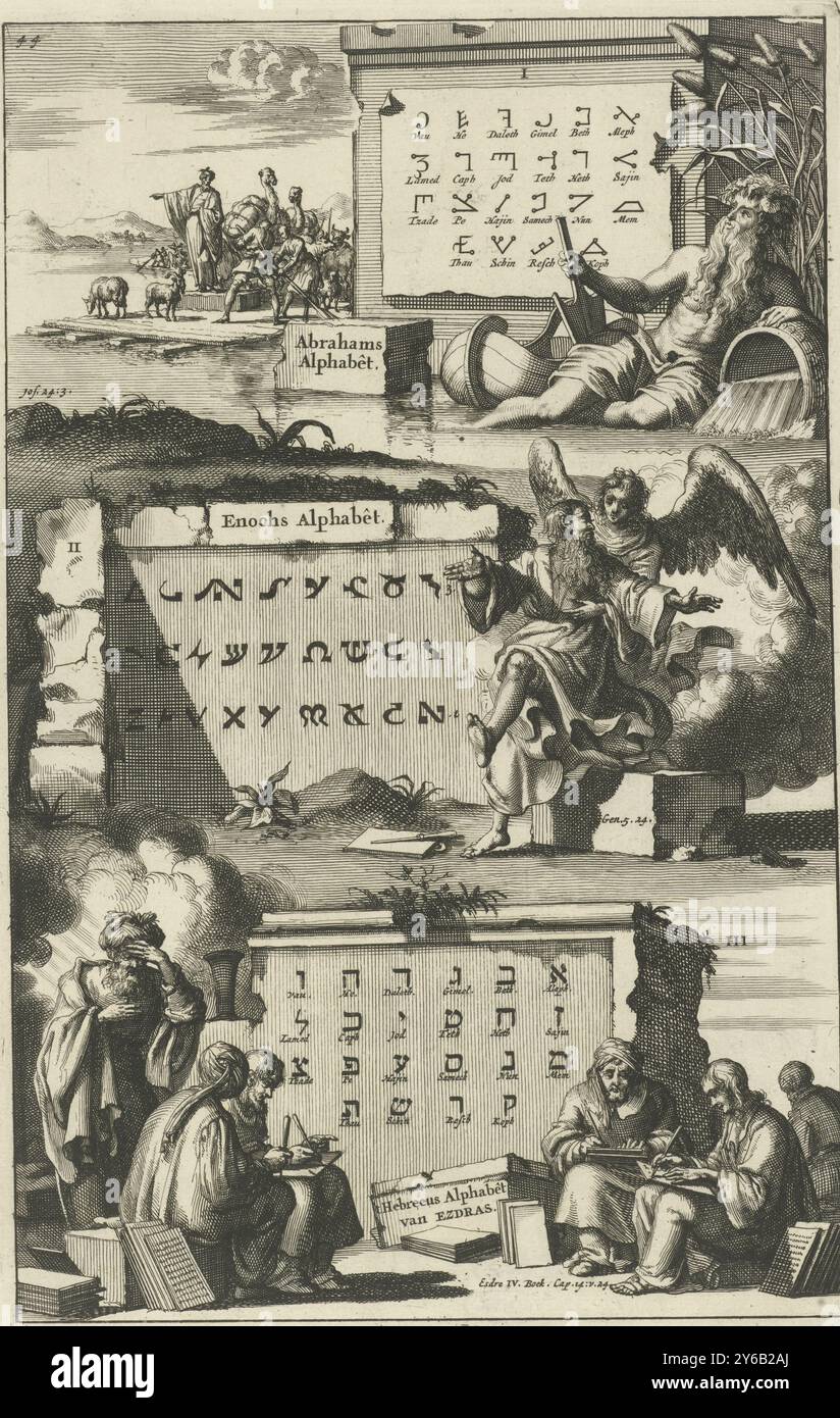 Alfabeto di Abramo, Enoch e Ezra, alfabeto di Abramo, alfabeto di Enoch, alfabeto ebraico di Ezdras (titolo sull'oggetto), Stampa numerata in alto a sinistra: 44., stampa, stampatore: Jan Luyken, editore: Wilhelmus Goeree (i), Amsterdam, 1690, carta, incisione, altezza, 286 mm x larghezza, 185 mm Foto Stock