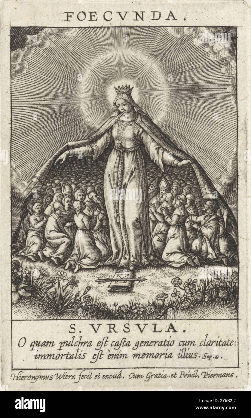 Virtù della feconda, Foecvnda, S. Vrsvla (titolo sull'oggetto), esempi di virtù (titolo della serie), Typvs Castitatis (titolo della serie), Santa Ursula, con il suo mantello sparso su entrambi i lati per fornire rifugio agli uomini e alle donne. Ai suoi piedi c'è un libro con una freccia sopra. A margine una citazione biblica a due righe di Wijsh. 4 in latino., stampa, stampatore: Hieronymus Wierix, (menzionato sull'oggetto), editore: Hieronymus Wierix, (menzionato sull'oggetto), editore: Piermans, (menzionato sull'oggetto), Anversa, 1563 - prima del 1619, carta, incisione, altezza, 71 mm x larghezza, 45 mm Foto Stock