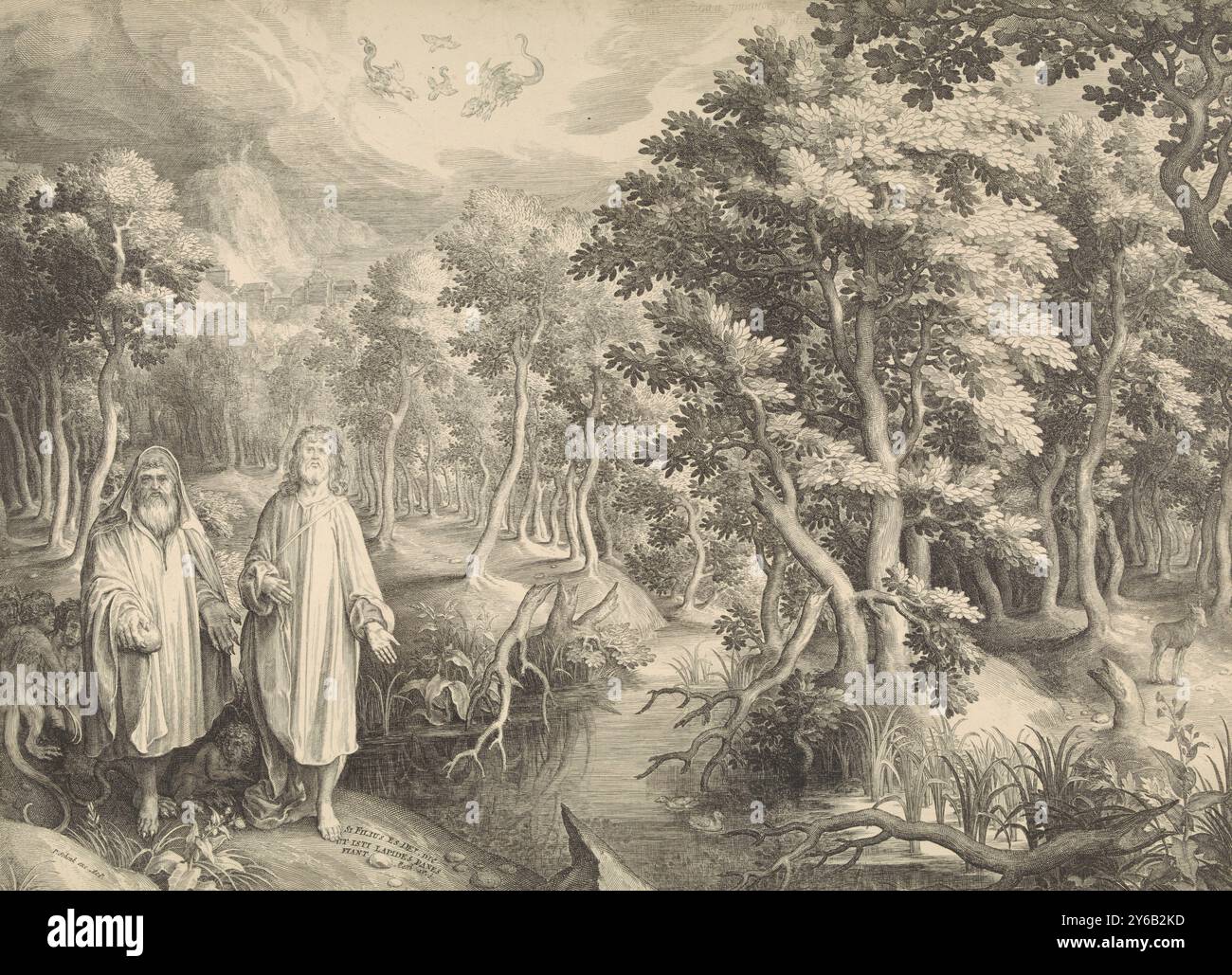 Tentazione di Cristo nel deserto, Un diavolo mostra a Cristo una pietra e gli chiede di trasformare la pietra in pane come segno della sua divinità. Intorno al diavolo tutti i tipi di piccoli demoni. I draghi volano nel cielo. Sulla cima di una montagna alle spalle, il diavolo mostra a Cristo tutti i regni del mondo per tentarlo. La stampa ha una didascalia latina con una citazione di Matteo 4., stampa, stampatore: Nicolaes de Bruyn, (menzionato sull'oggetto), su disegno di: Nicolaes de Bruyn, (menzionato sull'oggetto), editore: Pieter Schenk (i), (menzionato sull'oggetto), stampatore: Rotterdam, editore: Amsterdam, 1650 e, o 1670 - 1711, Foto Stock