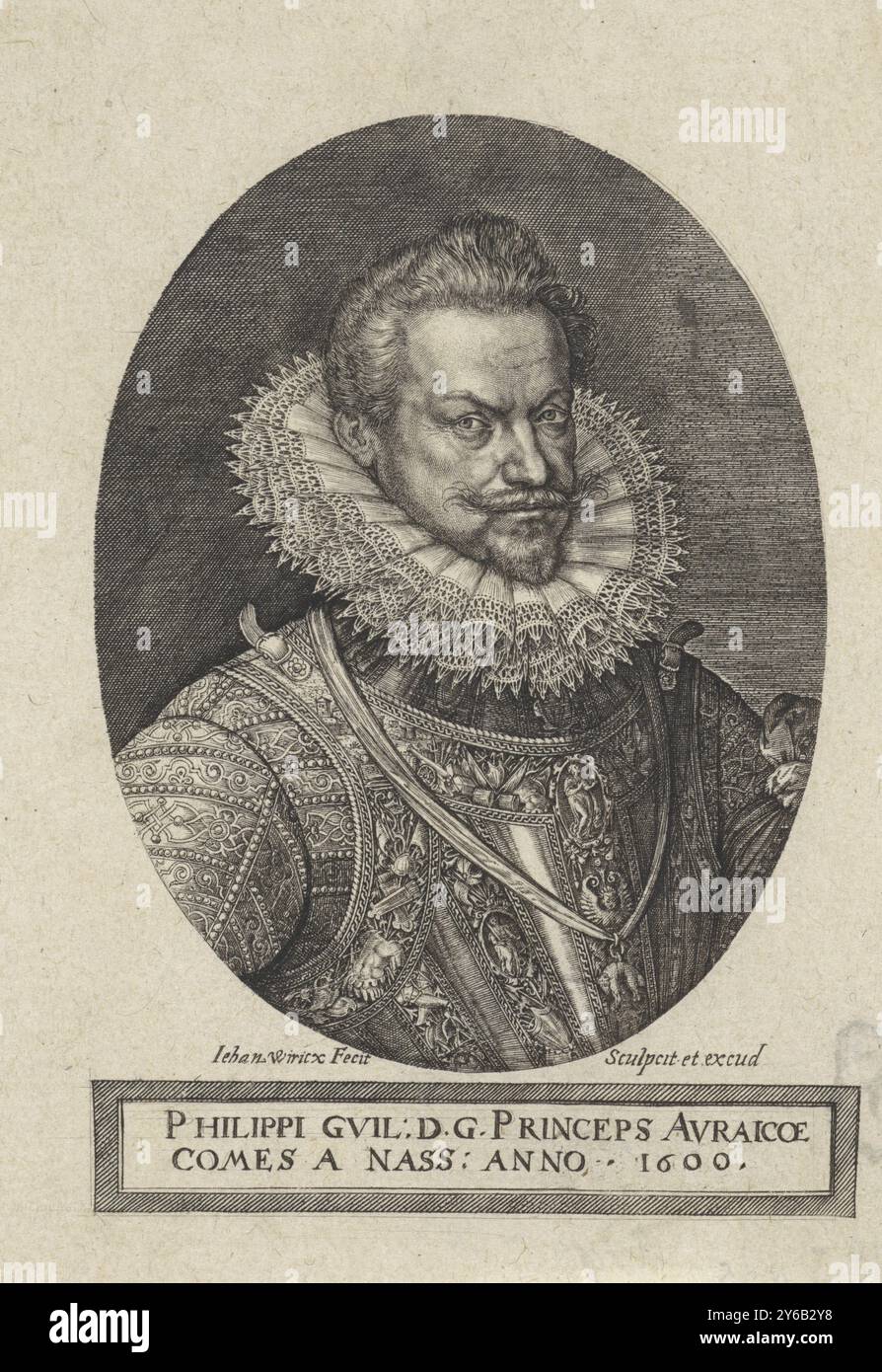 Ritratto di Filippo Guglielmo, Principe d'Orange, indossa un'armatura e un nastro con l'ordine del Toson d'Oro. Nella cornice una didascalia di due righe in latino., print, print maker: Johannes Wierix, (menzionato sull'oggetto), editore: Johannes Wierix, (menzionato sull'oggetto), Anversa, 1600, carta, incisione, altezza, 138 mm x larghezza, 102 mm Foto Stock