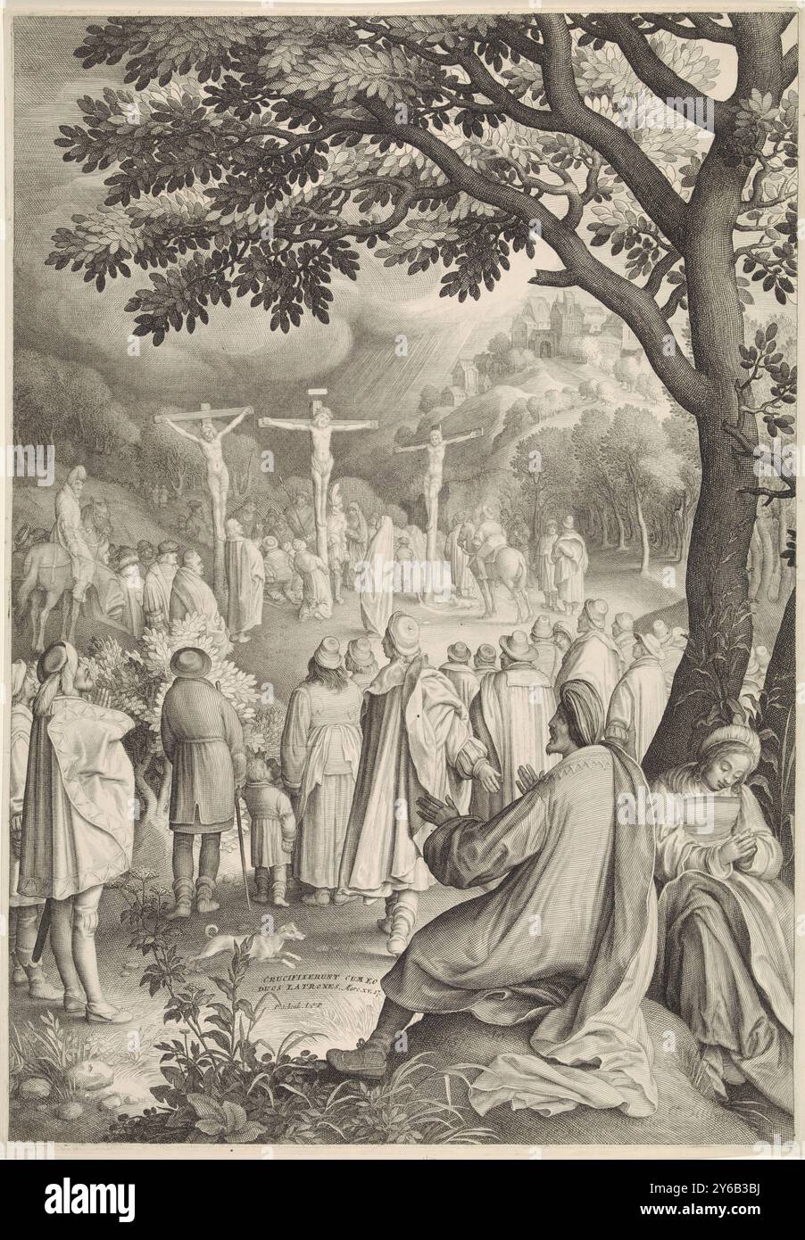 Cristo sulla croce, passione di Cristo (titolo della serie), crocifissione di Cristo sul monte Golgota. Alla sua sinistra e alla sua destra ci sono i criminali che sono stati crocifissi con lui. Maria, Maria Maddalena e l'apostolo Giovanni sotto la croce., stampa, tipografo: Nicolaes de Bruyn, (menzionato sull'oggetto), su disegno di: Nicolaes de Bruyn, (menzionato sull'oggetto), editore: Pieter Schenk (i), (menzionato sull'oggetto), tipografo: Rotterdam, editore: Amsterdam, 1637 e, oppure 1670 - 1711, carta, incisione, larghezza, 462 mm x altezza, 664 mm Foto Stock