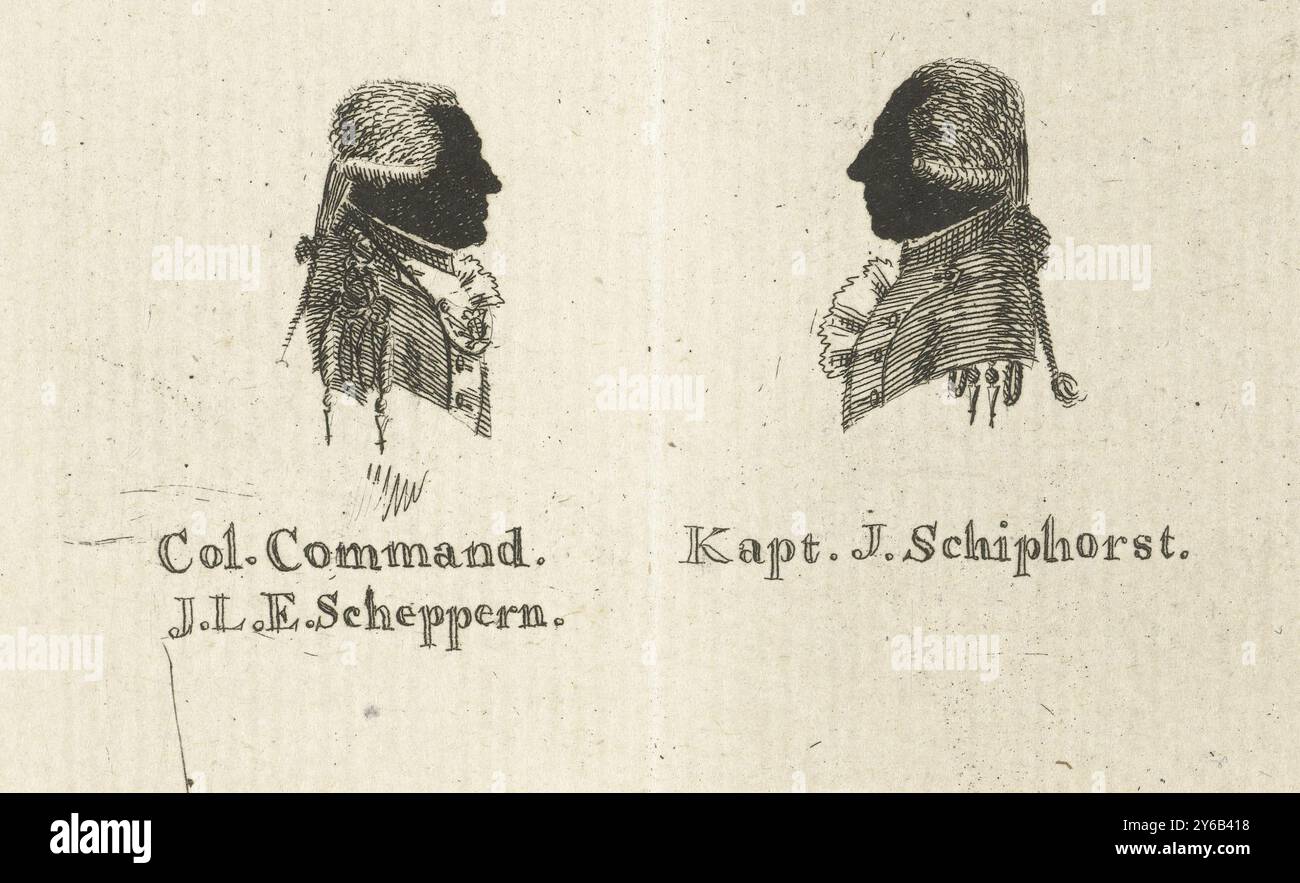 Ritratto di silhouette del comandante Scheppern e del capitano Schiphorst, Pocket book of the Heroes of Willemstad (titolo della serie), due ritratti di silhouette da un opuscolo sui soldati che difesero Willemstad nel 1793. Quello a sinistra è del comandante J.L.E. Scheppern con il busto a destra. Quello a destra è del capitano J. Schiphorst con il busto a sinistra. La stampa ha una didascalia con i nomi dei soldati ritratti., stampa, stampatore: Hendrik Willem Caspari, dopo disegno di: Hendrik Willem Caspari, editore: Wouter Brave, Amsterdam, 1794, carta, incisione, altezza, 61 mm x larghezza, 95 mm Foto Stock