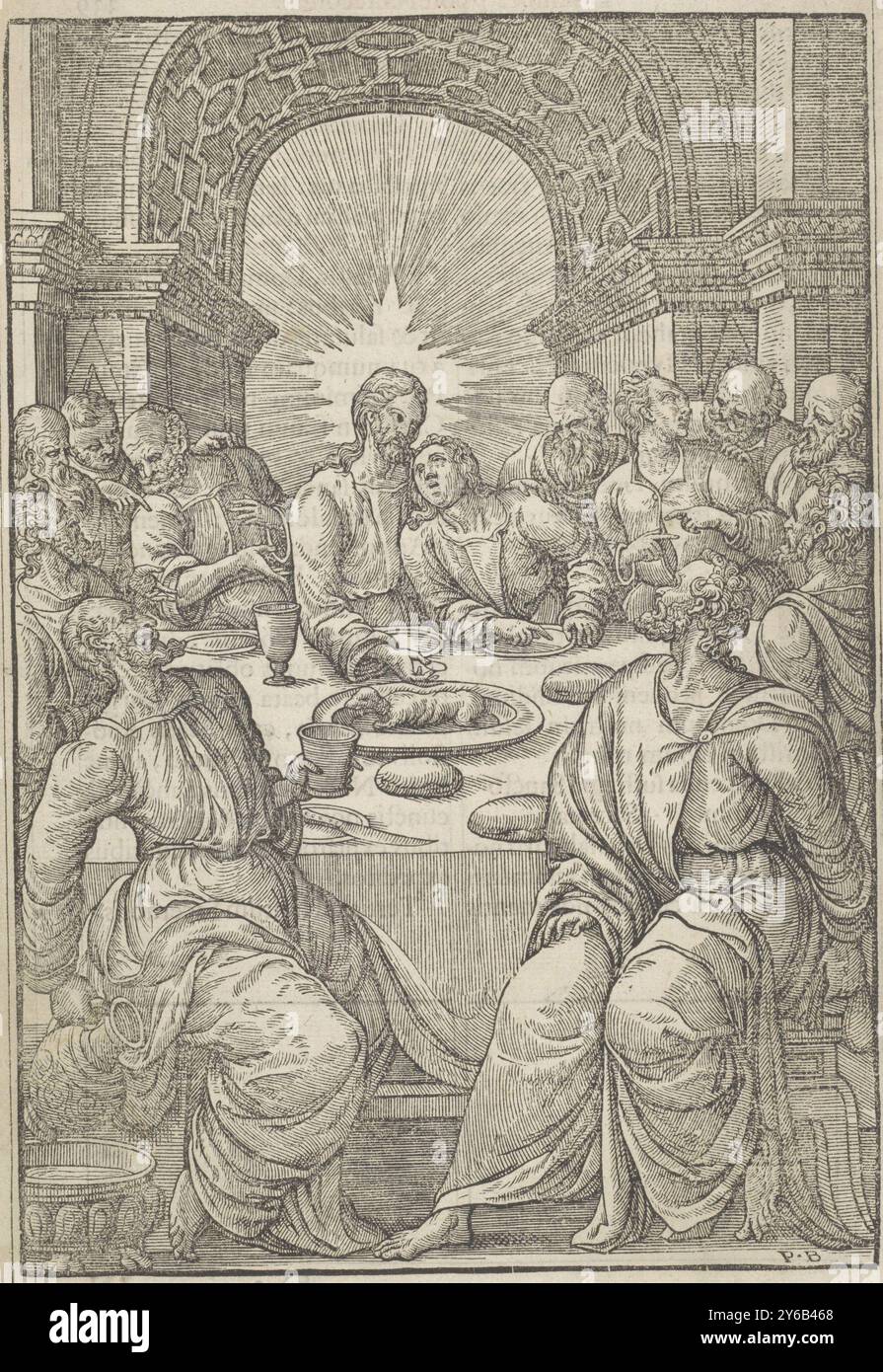 Ultima cena, Cristo siede tra i suoi discepoli durante l'ultima cena. Johannes giace contro il petto. Judas tiene la borsa di pezzi d'argento dietro la schiena., stampa, tipografo: Anonimo, tipografo: Antoni van Leest, (attribuzione rifiutata), su disegno di: Pieter van der Borcht (i), (menzionato sull'oggetto), Anversa, 1575 - 1632, carta, stampa con carta intestata, altezza, 316 mm x larghezza, 207 mm Foto Stock