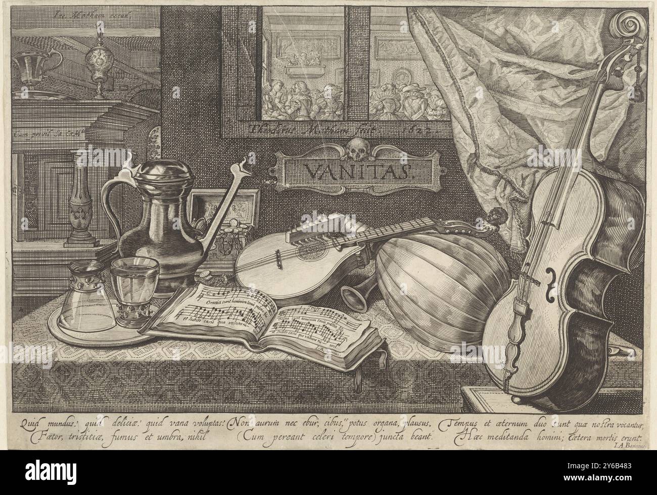 Vanitas Still Life con strumenti musicali, tavolo con strumenti musicali (viola e liuti), un libro di musica aperta, una brocca e occhiali. La parola VANITAS è su un cartiglio con un cranio. Attraverso la finestra si può vedere una stanza dove si svolge la danza., stampa, tipografo: Theodor Matham, (menzionato sull'oggetto), Joan Albert Ban, (menzionato sull'oggetto), editore: Jacob Matham, (menzionato sull'oggetto), Haarlem, 1622, carta, incisione, altezza, 232 mm x larghezza, 332 mm Foto Stock