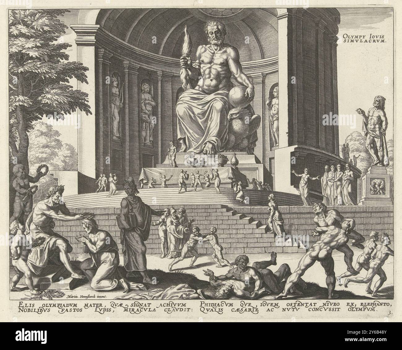 Statua di Zeus ad Olimpia, Olympy Iovis simvlacrvm (titolo sull'oggetto), le otto meraviglie del mondo (titolo della serie), la statua di Zeus si trovava all'interno del tempio dorico di Olimpia, sul Peloponneso greco. Fu costruito intorno al 433 a.C. Creato dallo scultore ateniese Fidia. A destra del tempio una statua di Ercole. Sui gradini di fronte al tempio la gente adora la statua di Zeus. In primo piano a destra ci sono i lottatori e i corridori olimpici, a sinistra uno dei vincitori viene onorato. La stampa ha una didascalia latina e fa parte di una serie sulle otto meraviglie del Foto Stock