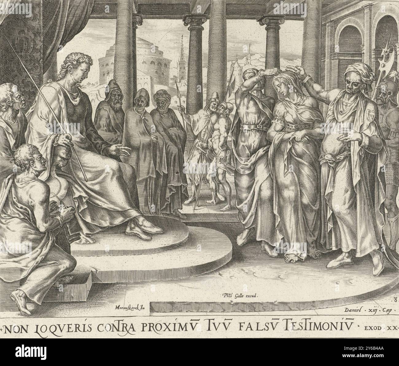 Susanna accusata dagli anziani, tu non darai falsa testimonianza, i dieci comandamenti (titolo della serie), davanti al giudice, Susanna è falsamente accusata dagli anziani. Le tolgono il velo dalla testa. La stampa fa parte di una serie sui dieci Comandamenti e descrive una violazione dell'ottavo comandamento: Non darai falsa testimonianza. In fondo al margine è riportato un riferimento al testo della Bibbia in latino., stampa, stampatore: Harmen Jansz Muller, dopo il disegno di: Maarten van Heemskerck, (menzionato sull'oggetto), editore: Philips Galle, (menzionato sull'oggetto), stampatore: Amsterdam, editore: ANT Foto Stock
