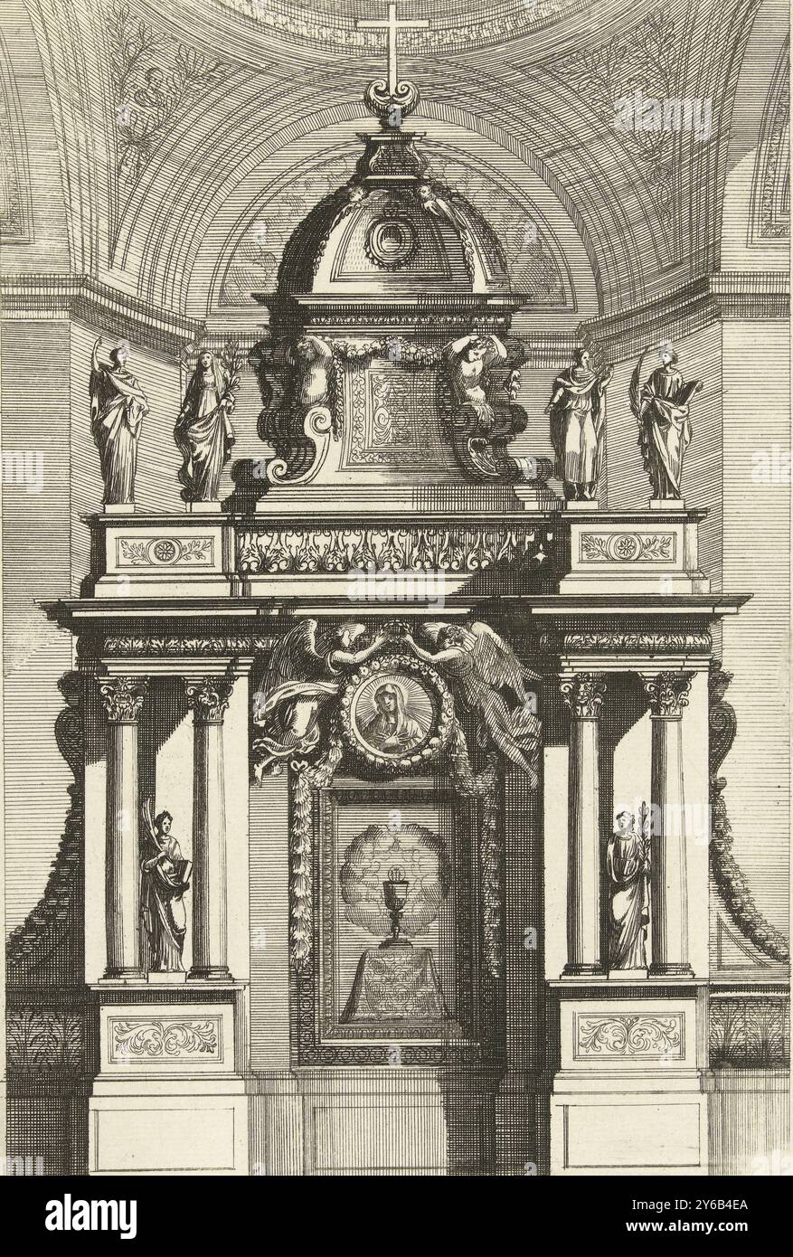 Tabernacoli con calice e ospite, Tabernacoli da ornare e abellire di Altari (titolo della serie), Tabernacoli con calice e ospite. Due angeli reggono una corona di alloro sopra un ritratto di Maria. Da una serie di 5 (?) Foglie con copie fiamminghe a retro della serie Tabernacle pour orner et embellir les Autels., stampa, stampatore: Franz Ertinger, (menzionato sull'oggetto), su disegno di: Jean Lepautre, Parigi, (possibilmente), 1650 - 1678, carta, incisione, incisione, altezza, 222 mm x larghezza, 146 mm Foto Stock