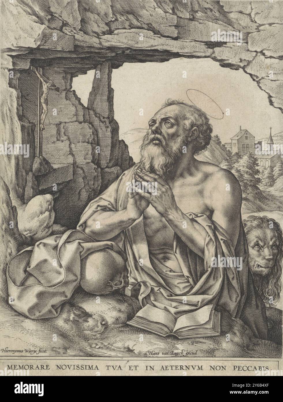 Il penitente Girolamo, San Girolamo si inginocchia davanti a un crocifisso in una roccia. Davanti a lui un teschio e un libro aperto. Dietro di lui il leone. Una didascalia in latino a margine., stampa, stampatore: Hieronymus Wierix, (menzionato sull'oggetto), dopo la stampa di: Frans Crabbe van Espleghem, editore: Hans van Luyck, (menzionato sull'oggetto), Anversa, 1563 - prima del 1586, carta, incisione, altezza, 193 mm x larghezza, 146 mm Foto Stock