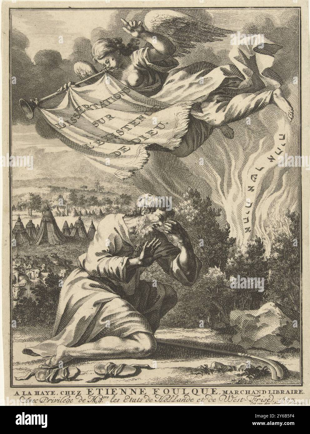 Mosè al cespuglio in fiamme, frontespizio di Isaac Jaquelot, Dissertations sur l'existence de Dieu, la Haye, 1697, Mosè si inginocchia davanti al cespuglio in fiamme e gli protegge il viso. Un angelo vola sopra di lui soffiando una tromba. Una bandiera è appesa alla tromba con sopra il titolo del libro. Le fiamme contengono lettere ebraiche che simboleggiano la voce di Dio che parla a Mosè., stampa, stampatore: Johannes Jacobsz van den Aveele, (menzionato sull'oggetto), editore: Etienne Foulque, (menzionato sull'oggetto), l'Aia, 1697, carta, incisione, incisione, altezza, 230 mm x larghezza, 172 mm Foto Stock