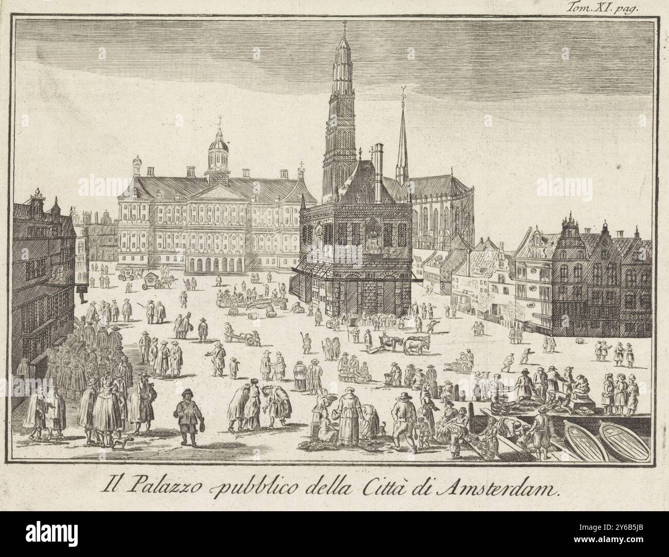 Vista su Piazza Dam di Amsterdam, il Palazzo pubblico della Città di Amsterdam (titolo sull'oggetto), vista su Piazza Dam di Amsterdam con il Palazzo sulla Piazza Dam, il Waag e il Nieuwe Kerk. Numerato in alto a destra: Tom XI. Pagina, stampa, print maker: Giuseppe filosi, editore: Giambattista Albrizzi, print maker: Italia, editore: Venezia, 1742, carta, incisione, altezza, 180 mm x larghezza, 242 mm Foto Stock