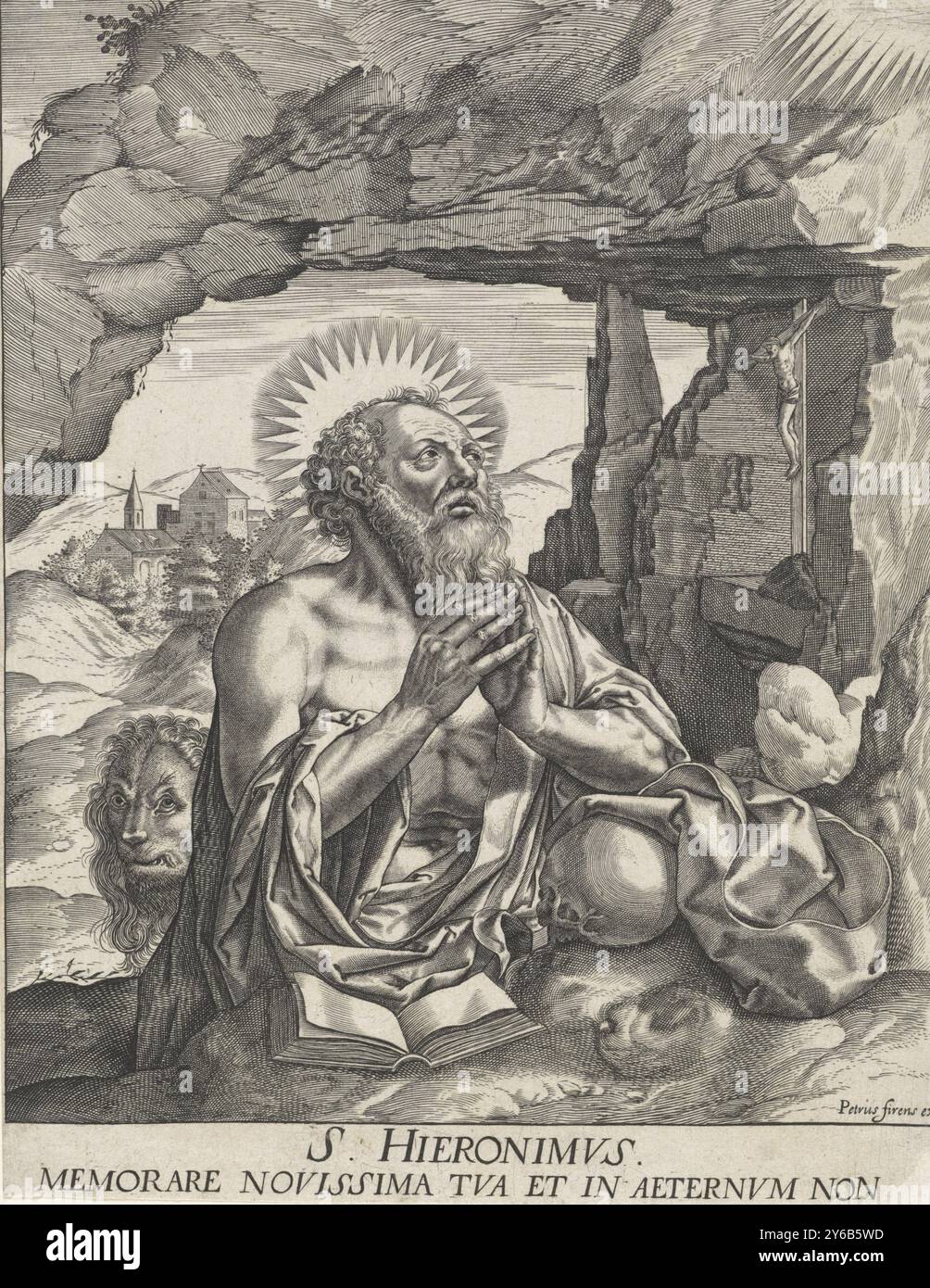 Il penitente Jerome, S. Hieronymvs (titolo sull'oggetto), San Girolamo si inginocchia davanti a un crocifisso in una roccia. Davanti a lui un teschio e un libro aperto. Dietro di lui il leone. Una didascalia in latino a margine., stampa, dopo stampa di: Hieronymus Wierix, stampatore: Anonimo, editore: Pierre Firens, (menzionato sull'oggetto), dopo stampa di: Anversa, editore: Parigi, 1590 - 1638, carta, incisione, altezza, 213 mm x larghezza, 166 mm Foto Stock