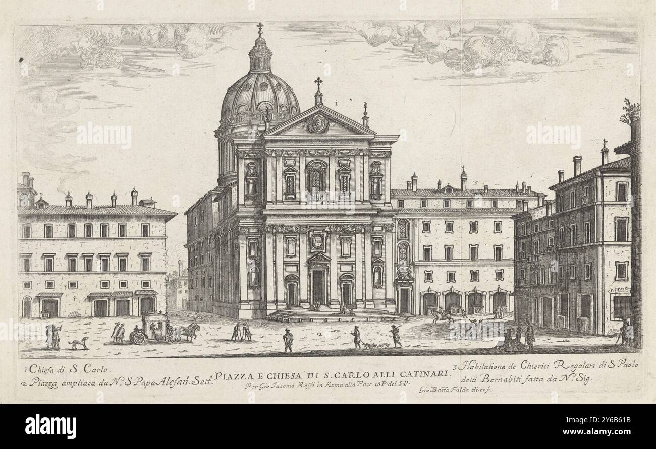 San Carlo ai Catinari, Piazza e Chiesa di S. Carlo alli Catinari (titolo sull'oggetto), il nuovo teatro delle fabriche, et edificii, in prospettiva di Roma moderna, sotto felice Pontificato di N. S. Papa Alessandro VII, Vista di San Carlo ai Catinari a Roma., stampa, tipografo: Giovanni Battista Falda, (menzionato sull'oggetto), dopo disegno di: Giovanni Battista Falda, editore: Giovanni Giacomo de'Italia, disegno su oggetto: Giovanni Battista Falda: Autore: Giovanni Battista Falda: Roma, Vaticaanstad, 1665, carta, incisione, altezza, 171 mm x larghezza, 285 mm Foto Stock