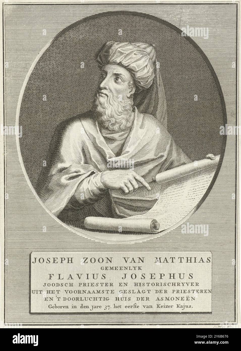 Ritratto di Flavio Giuseppe, Ritratto di Flavio Giuseppe, sacerdote ebreo e storico. Punta a un rotolo con testo ebraico., stampa, stampatore: Jan Caspar Philips, dopo aver disegnato: Jan Caspar Philips, (menzionato sull'oggetto), Amsterdam, 1736 - 1775, carta, incisione, incisione, altezza, 203 mm x larghezza, 149 mm Foto Stock