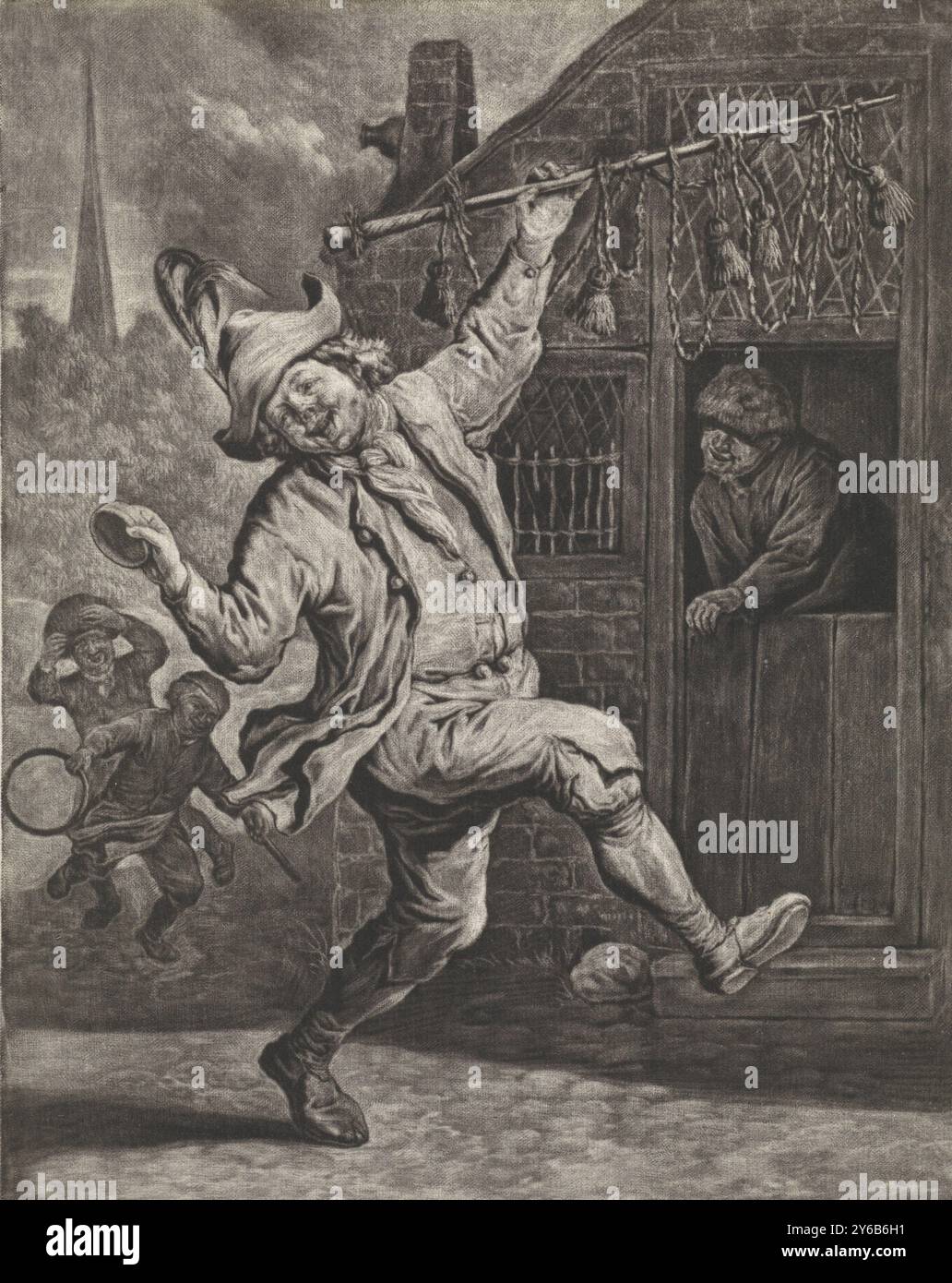 La taglierina di mais, ca. 1700, Un uomo che danza e canta con un bastoncino di tambour ricoperto di nappine. Un uomo guarda ridere da una casa. Sullo sfondo due bambini con un cerchio., stampa, stampatore: Cornelis Dusart, Haarlem, 1690 - 1700, carta, altezza, 252 mm x larghezza, 180 mm Foto Stock