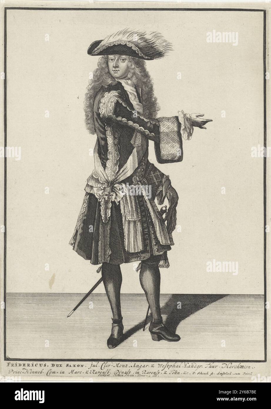 Federico, Duca di Sassonia, Ritratto Fridericus, Dux Saxon (titolo sull'oggetto), Federico, Duca di Sassonia, in piedi, visto dal fronte, vestito di justaucorps. Fa un gesto con il braccio destro e indossa un cappello e una lunga acconciatura., stampa, stampatore: Pieter Schenk (i), unknown, Amsterdam, 1670 - 1711, carta, incisione, incisione, altezza, 251 mm x larghezza, 180 mm Foto Stock