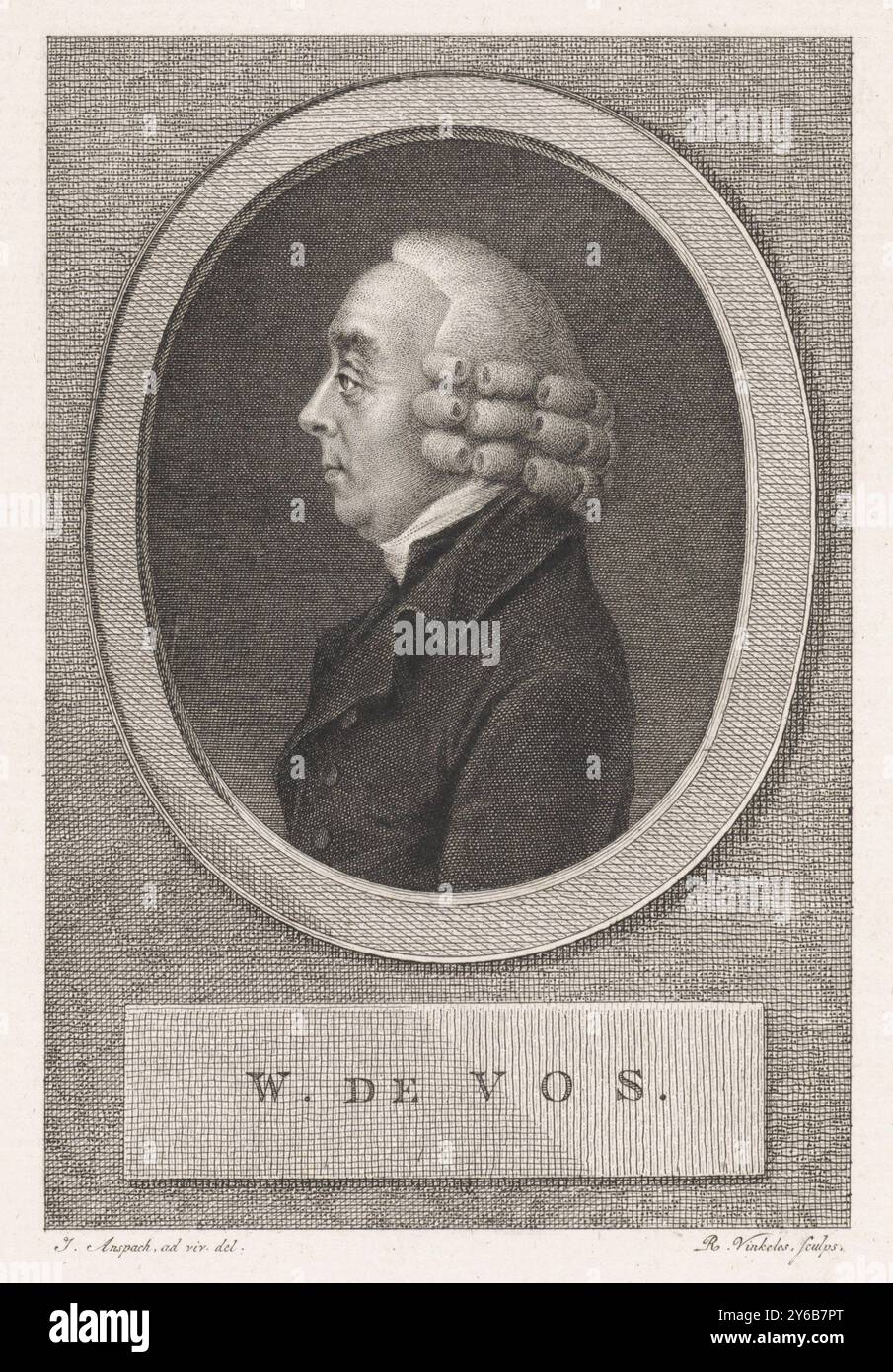 Ritratto di Willem de Vos, Ritratto di Willem de Vos, ministro mennonita ad Amsterdam., stampa, stampatore: Reinier Vinkeles (i), (menzionato sull'oggetto), dopo disegno di: Johan Anspach, (menzionato sull'oggetto), Amsterdam, 1751 - 1816, carta, incisione, incisione, altezza, 243 mm x larghezza, 179 mm Foto Stock