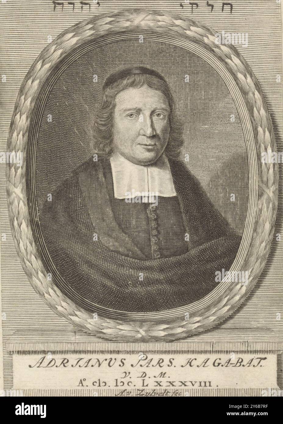 Ritratto di Adriaan Pars, predicatore a Katwijk, in una cornice ovale. Sopra la cornice un testo in ebraico., stampatore: Anthony van Zijlvelt, Johannes Jens, A. Dekker, 1688, altezza 137 mm x larghezza 97 mm Foto Stock