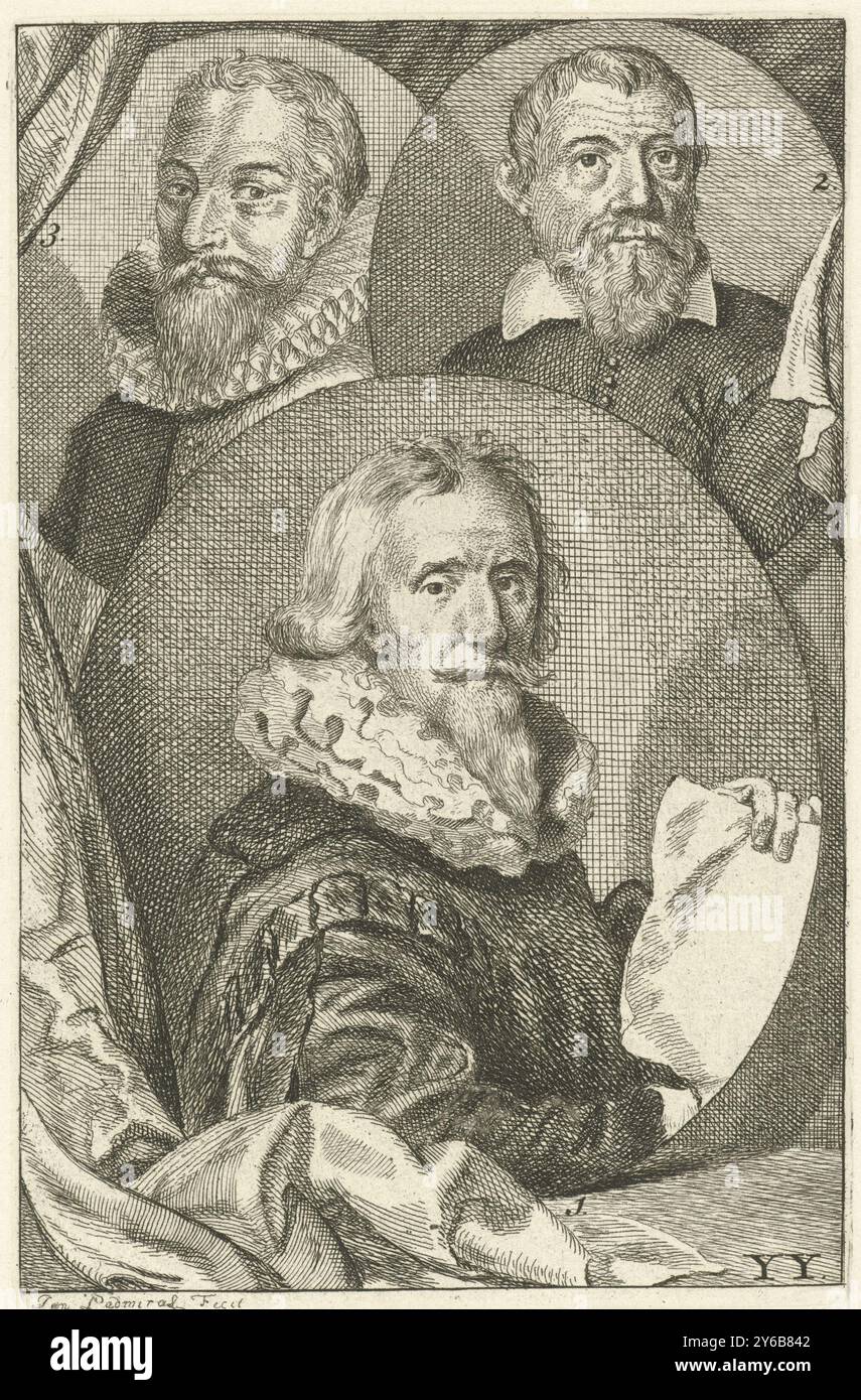 Ritratti di Paulus Moreelse, Balthasar Lauwers e Floris Claesz. Van Dijck, tre ritratti di artisti numerati. Ritratto di Paulus Moreelse (n. 1), Balthasar Lauwers (n. 2) e Floris Claesz. Van Dijck (n. 3). Stampa contrassegnata in basso a destra: AA., stampa, stampatore: Jan l'Admiral, (menzionato sull'oggetto), 1764, carta, incisione, altezza, 157 mm x larghezza, 102 mm Foto Stock