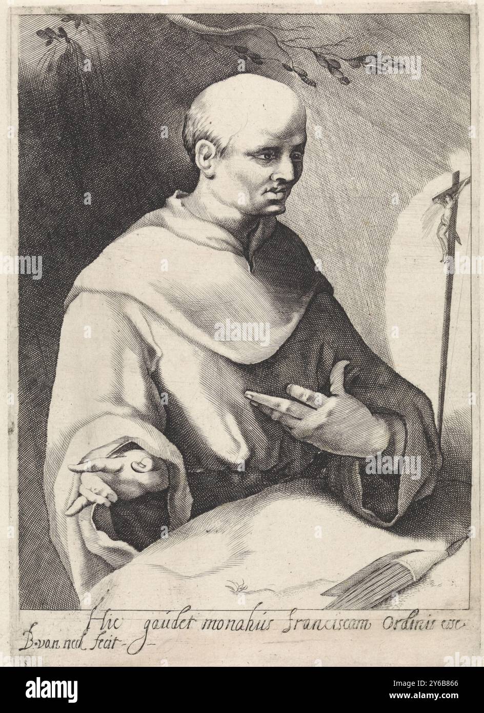San Francesco d'Assisi, San Francesco d'Assisi con un crocifisso e un libro aperto., stampa, tipografo: B. van Neck, (menzionato sull'oggetto), Paesi Bassi, 1626 - 1630, carta, incisione, altezza, 191 mm x larghezza, 136 mm Foto Stock