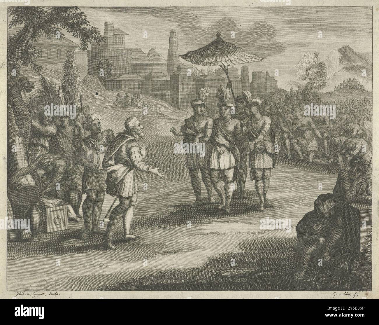 Hernán Cortés incontra Montezuma a Tenochtitlan, 1519, Cortés saluta Montezuma fuori dalla città di Tenochtitlan. Gli offre dei regali. Dietro Montezuma, gli Aztechi si inginocchiano davanti al loro re., stampa, tipografo: Philip van Gunst, (menzionato sull'oggetto), su disegno di: J. Melder, (menzionato sull'oggetto), Amsterdam, 1685 - 1732, carta, incisione, incisione, altezza, 152 mm x larghezza, 190 mm Foto Stock