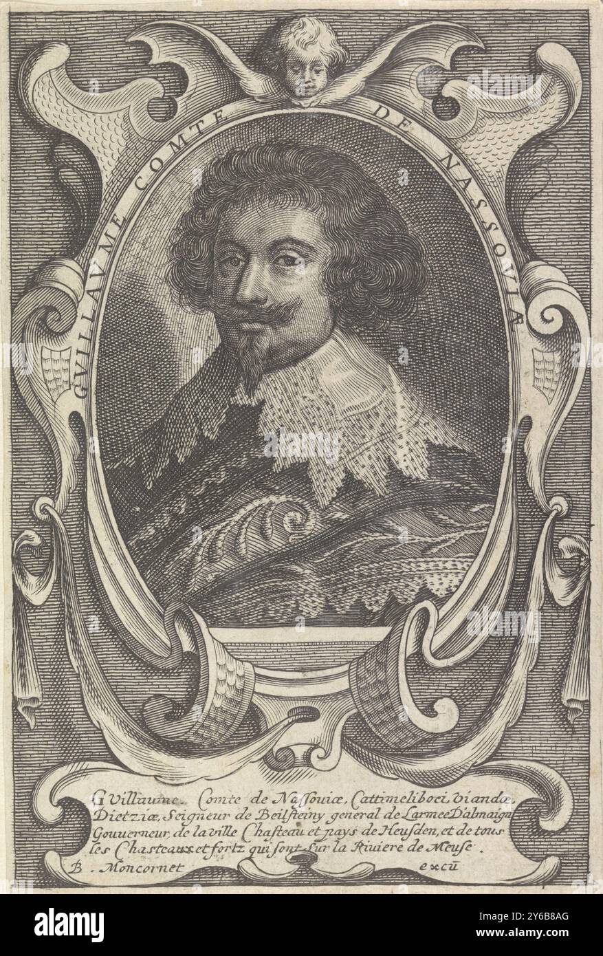 Ritratto di Guglielmo, Conte di Nassau-Siegen, Ritratto di Guglielmo in un ovale ornato con scritta di confine. Quattro righe di testo latino in un cartiglio., stampa, tipografo: Anonimo, editore: Balthazar Moncornet, (menzionato sull'oggetto), Print Maker: paesi bassi, editore: Francia, 1610 - 1668, carta, incisione, incisione, altezza, 137 mm x larghezza, 91 mm Foto Stock