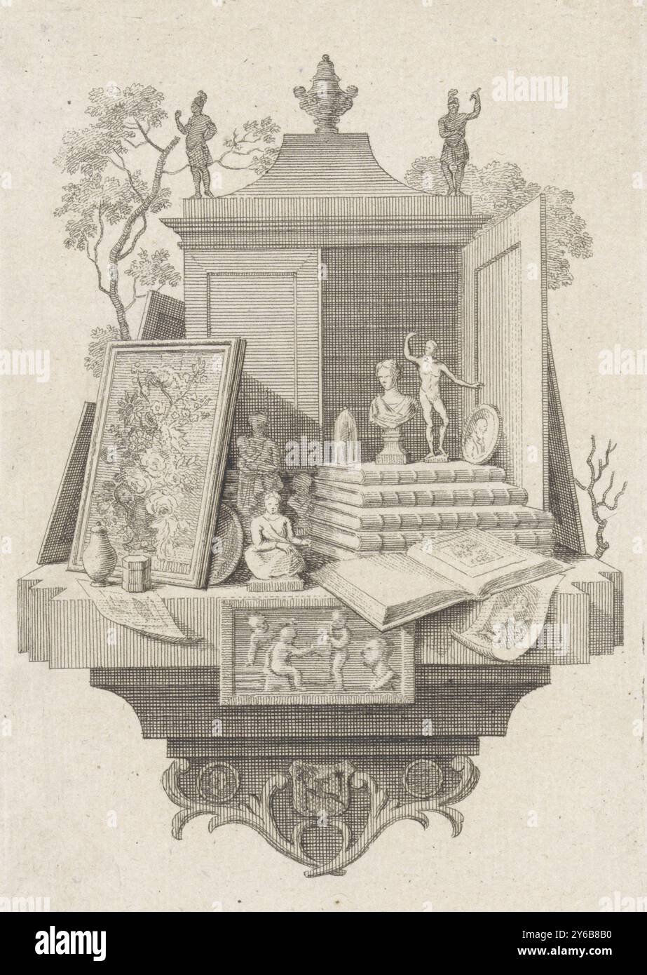 Vignetta con i libri, c'è una pila di libri su un altare. Accanto ad esso c'è un dipinto con una natura morta fiore. Intorno ad esso si trovano statue e altri tringimenti., stampa, stampatore: Johannes Swertner, (menzionato sull'oggetto), dopo aver disegnato da: Johannes de Bosch, (menzionato sull'oggetto), 1760 - 1813, carta, incisione, altezza, 144 mm x larghezza, 95 mm Foto Stock