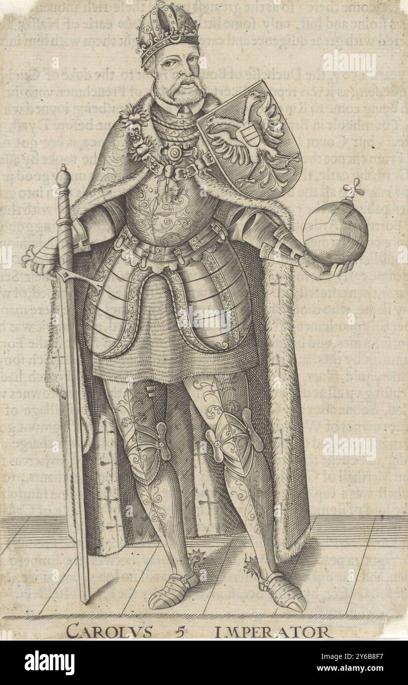 Ritratto di Carlo V d'Asburgo, imperatore tedesco, re di Spagna, Carlo 5. Imperatore (titolo sull'oggetto), Ritratto di Carlo V d'Asburgo, Imperatore tedesco, Re di Spagna. Tiene una spada in una mano e una sfera nell'altra. Sulla sua spalla uno scudo con la sua arma. Testo inglese in letterpress sul verso., stampa, stampatore: Anonimo, dopo stampa di: Christoffel van Sichem (i), c. 1608 - 1627, carta, incisione, stampa letterale, altezza, 180 mm x larghezza, 115 mm Foto Stock