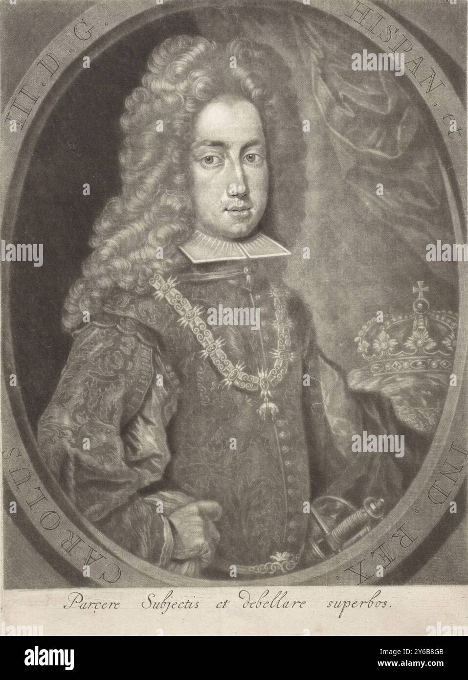 Ritratto di Carlo vi, imperatore tedesco, Ritratto dell'arciduca Carlo d'Austria, che si considerava e si nominò re Carlo III di Spagna durante la guerra di successione spagnola. Dal 1711 al 1740 fu imperatore del Sacro Romano Impero. Intorno al collo indossa una catena con l'insegna dell'ordine del Toson d'oro., stampatore: Pieter Schenk (i), (menzionato sull'oggetto), editore: Pieter Schenk (i), (menzionato sull'oggetto), anonimo, (menzionato sull'oggetto), Amsterdam, 1670 - 1711, carta, incisione, altezza, 268 mm x larghezza, 185 mm Foto Stock