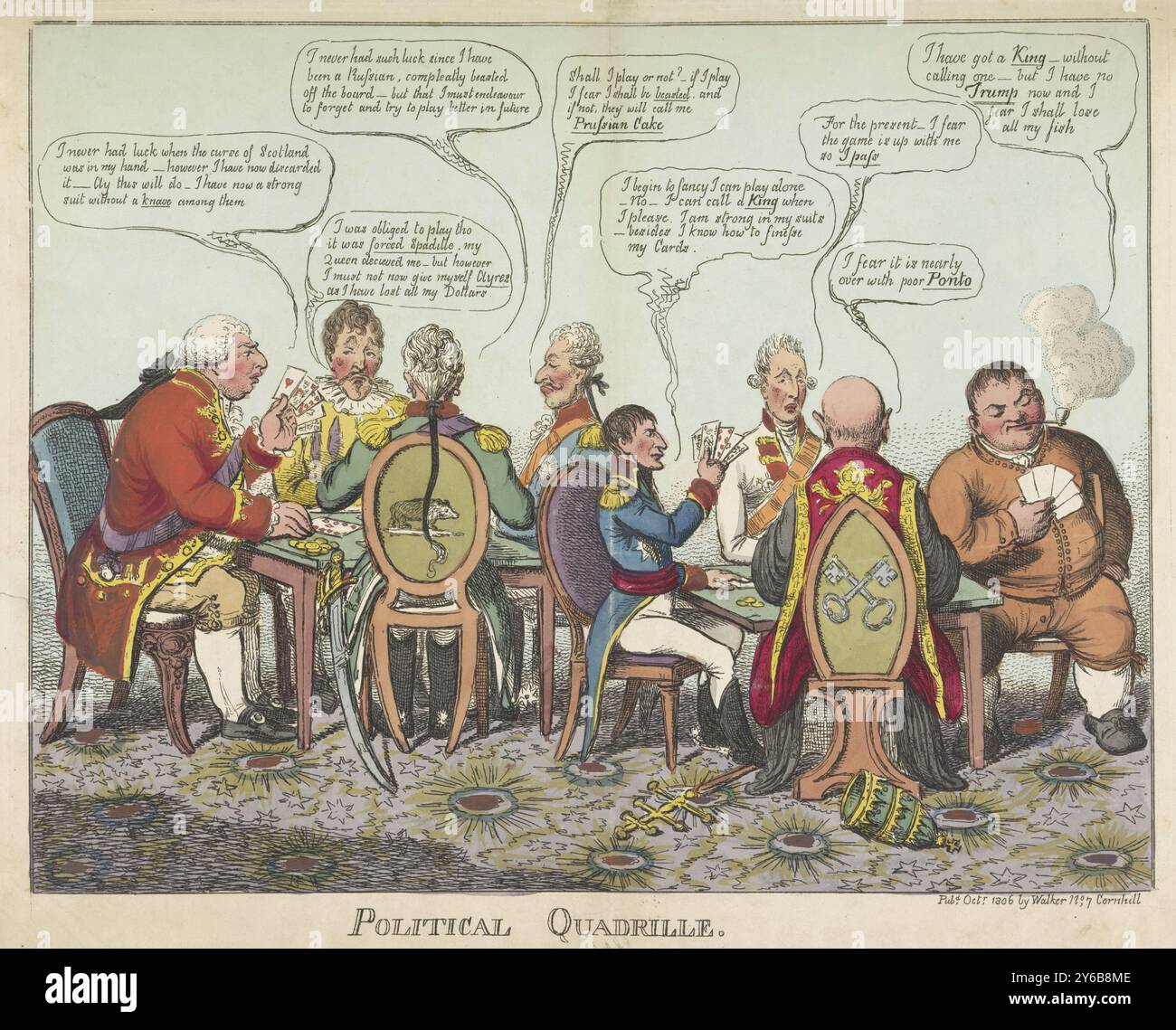 Quadriglia politica, 1806, quadriglia politica (titolo su oggetto), due tavoli con quattro giocatori di carte a ogni tavolo che giocano la quadriglia del gioco di carte. A sinistra Federico Guglielmo III, re di Prussia, zar Alessandro i, re inglese Giorgio III e re spagnolo Carlo IV, a destra Napoleone, l'imperatore austriaco Francesco II, olandese e papa Pio VII. L'olandese dice che gli fu dato un re (Luigi Napoleone) senza chiederlo. Cartoon on the Political situation in Europe in 1806., stampa, stampatore: Charles Williams, editore: Walker, (menzionato sull'oggetto), Londra, ottobre-1806, carta, incisione, Foto Stock
