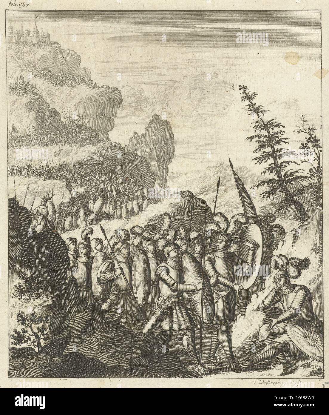 Army si muove in discesa nel paesaggio roccioso, stampa, tipografo: Thomas Doesburgh, (menzionato sull'oggetto), su disegno personale di: Thomas Doesburgh, (menzionato sull'oggetto), Paesi Bassi, 1692 - 1714, carta, incisione, altezza, 165 mm x larghezza, 143 mm Foto Stock