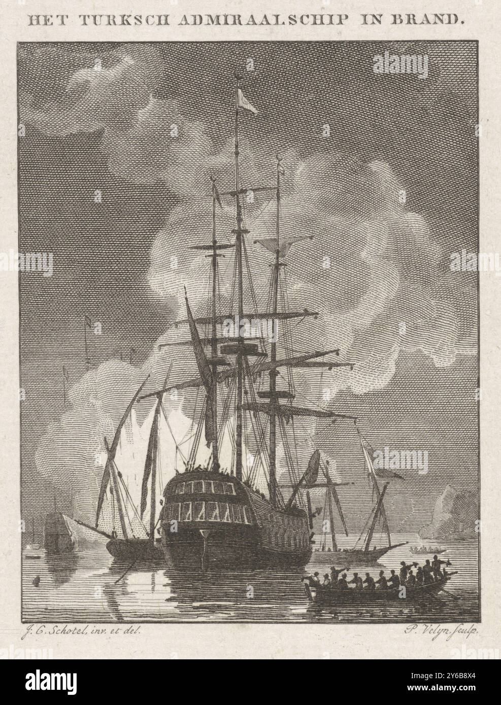 Figure in una sloop vicino a una nave in fiamme, l'ammiraglio turco in fiamme (titolo sull'oggetto), figure in una sloop vicino a una nave in fiamme con vele abbassate., stampa, stampatore: Philippus Velijn, (menzionato sull'oggetto), dopo aver disegnato da: Johannes Christiaan Schotel, (menzionato sull'oggetto), Paesi Bassi, 1824, carta, incisione, incisione, altezza, 113 mm x larghezza, 86 mm Foto Stock