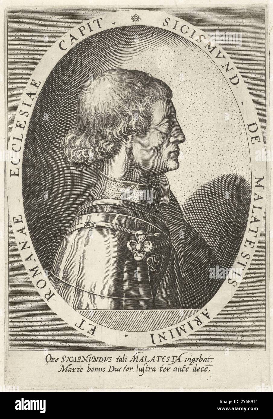 Ritratto di Sigismondo Malatesta, ritratti di personaggi famosi del XVI secolo (titolo della collana), Atrium Heroicum (titolo della collana), stampa, stampatore: Dominicus Custos, Augusta, 1600 - 1604, carta, incisione, altezza, 178 mm x larghezza, 123 mm Foto Stock