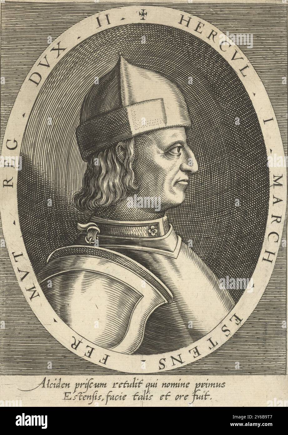 Ritratto di Ercole i d'Este, ritratti di personaggi famosi del XVI secolo (titolo della collana), Atrium Heroicum (titolo della collana), stampa, stampatore: Dominicus Custos, Augusta, 1600 - 1604, carta, incisione, altezza, 175 mm x larghezza, 125 mm Foto Stock