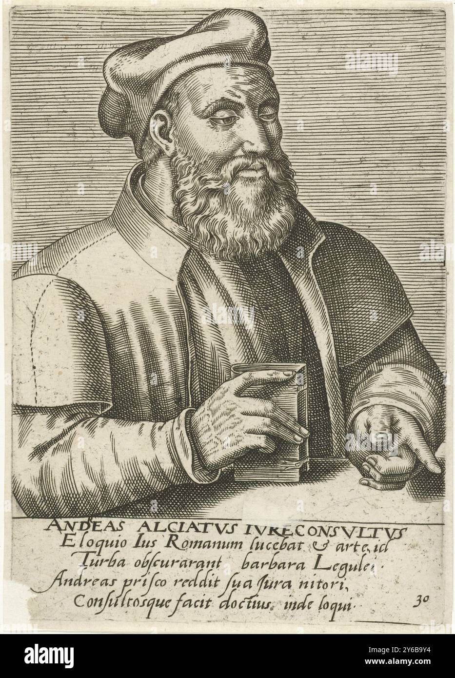 Ritratto di Andrea Alciati, Andreas Alciatvs Ivrecinsvltvs (titolo dell'oggetto), ritratti di famosi studiosi europei (titolo della collana), Virorum doctorum de disciplinis benemerentium effigies (titolo della collana), Ritratto di Andrea Alciati, autore del primo libro ufficiale di emblemi. Busto a destra. La stampa ha una didascalia latina e fa parte di una serie di famosi studiosi europei., stampa, tipografo: Anonimo, dopo stampa di: Philips Galle, Benedictus Arias Montanus, tipografo: Sconosciuto, dopo stampa di: Anversa, Anversa, editore: Anversa, 1567 - 1650, carta, incisione, altezza, 162 mm x larghezza, 115 Foto Stock