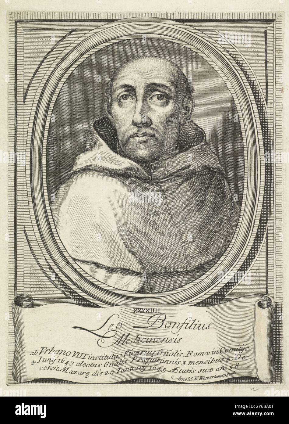 Ritratto di Leo Bonfilius, nel cartiglio sotto il suo ritratto il suo nome e le informazioni biografiche sono in latino., stampa, tipografo: Arnold van Westerhout, (menzionato sull'oggetto), Italia, 1665 - 1725, carta, incisione, incisione, altezza, 206 mm x larghezza, 152 mm Foto Stock