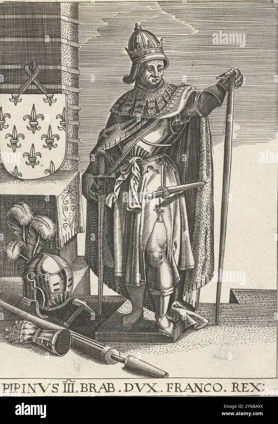 Ritratto di Pipino il corto, Pipinvs III Brab. DVX Franco Rex (titolo sull'oggetto), Ritratto di Pepin III, soprannominato Pepin il corto. Hofmeier e re dei Franchi. In piedi, su tutta la lunghezza, in armatura completa. Lothair ha un bastone nella mano sinistra e una spada nella destra. Accanto a lui c'è il suo stemma., stampa, tipografo: Anonimo, tipografo: Hans Collaert (i), (rigettata attribuzione), editore: Johannes Baptista Vrints (i), (possibilmente), Anversa, 1600, carta, incisione, altezza, 137 mm x larghezza, 96 mm Foto Stock