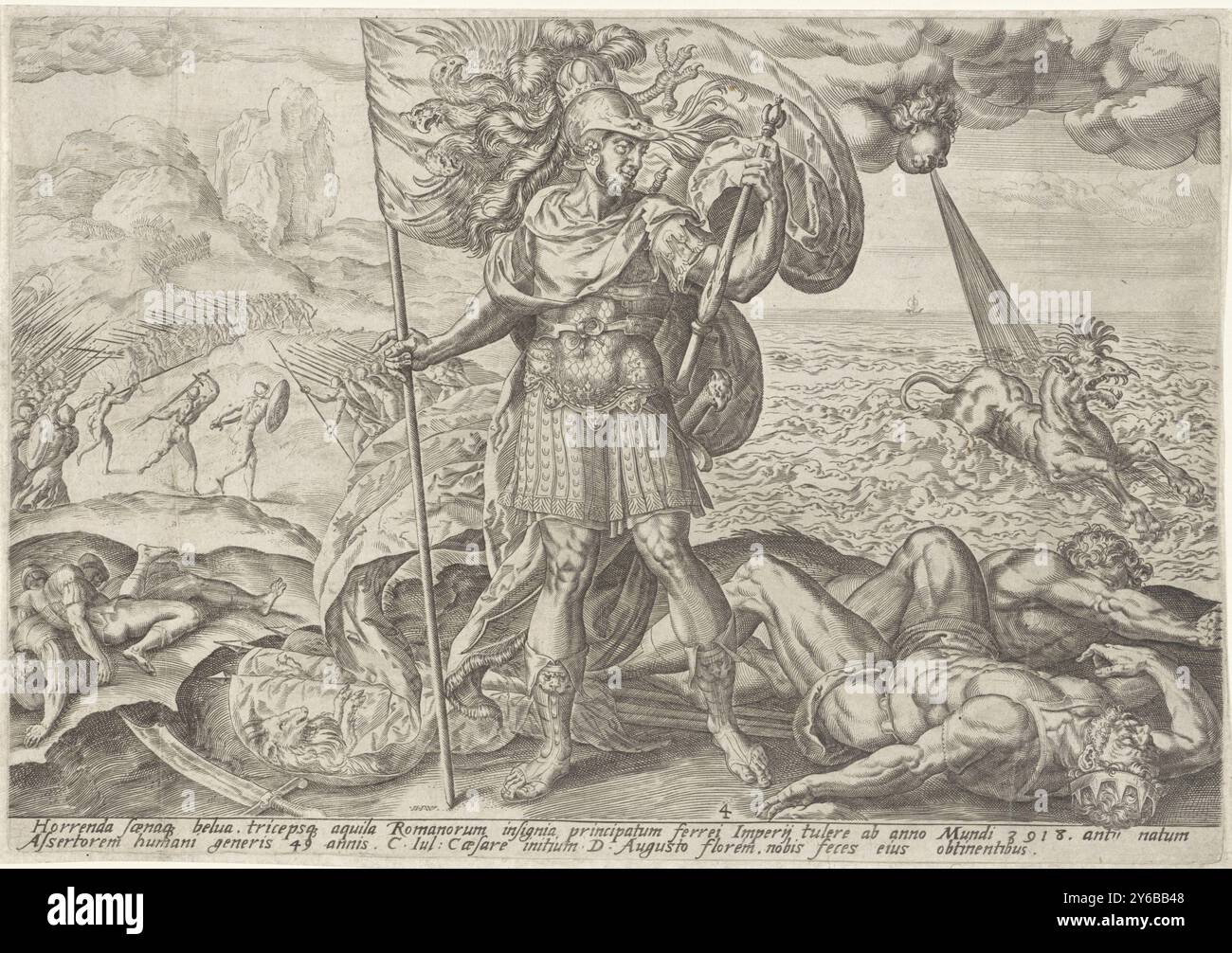 The Roman Empire, The Four Kingdoms (titolo della serie), Un soldato romano trionfa sul campo di battaglia. Ai suoi piedi giacciono uomini sconfitti. Ha uno striscione con un'aquila a più teste e uno staff di comando. Sullo sfondo a destra c'è il mostro con dieci corna, uno dei quattro animali della visione di Daniel. Eserciti in guerra sullo sfondo a sinistra. Al margine una didascalia di due righe in latino., stampa, stampatore: Johannes Wierix, (menzionato sull'oggetto), su disegno di: Gerard van Groeningen, Anversa, 1559 - prima del 1574, carta, incisione, altezza, 195 mm x larghezza, 284 mm Foto Stock The Roman Empire, The Four Kingdoms (titolo della serie), Un soldato romano trionfa sul campo di battaglia. Ai suoi piedi giacciono uomini sconfitti. Ha uno striscione con un'aquila a più teste e uno staff di comando. Sullo sfondo a destra c'è il mostro con dieci corna, uno dei quattro animali della visione di Daniel. Eserciti in guerra sullo sfondo a sinistra. Al margine una didascalia di due righe in latino., stampa, stampatore: Johannes Wierix, (menzionato sull'oggetto), su disegno di: Gerard van Groeningen, Anversa, 1559 - prima del 1574, carta, incisione, altezza, 195 mm x larghezza, 284 mm Foto Stock