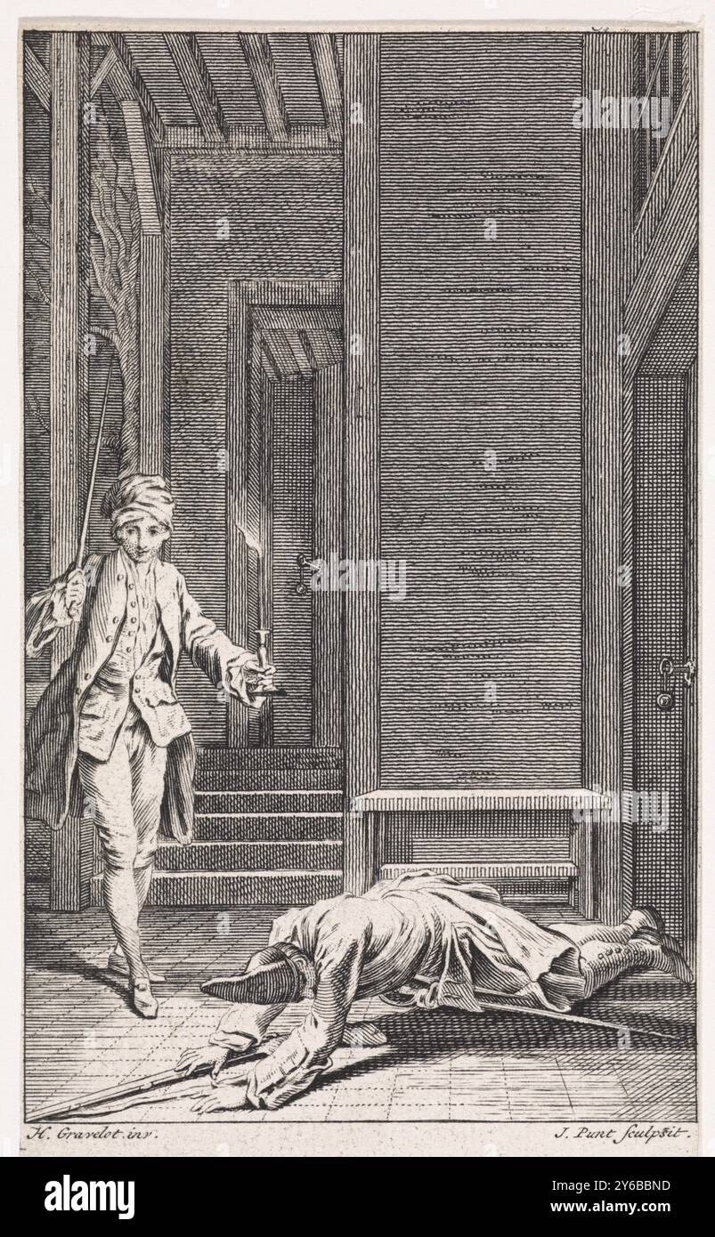 Thomas Jones in prigione, in prigione, Thomas Jones, con una candela accesa in mano, passa davanti alla guardia che è appena caduta a terra, ridendo., stampa, stampatore: Jan Punt, (menzionato sull'oggetto), su disegno di: Hubert Francesco Gravelot, (menzionato sull'oggetto), Amsterdam, 1749, carta, incisione, incisione, altezza, 136 mm x larghezza, 78 mm Foto Stock