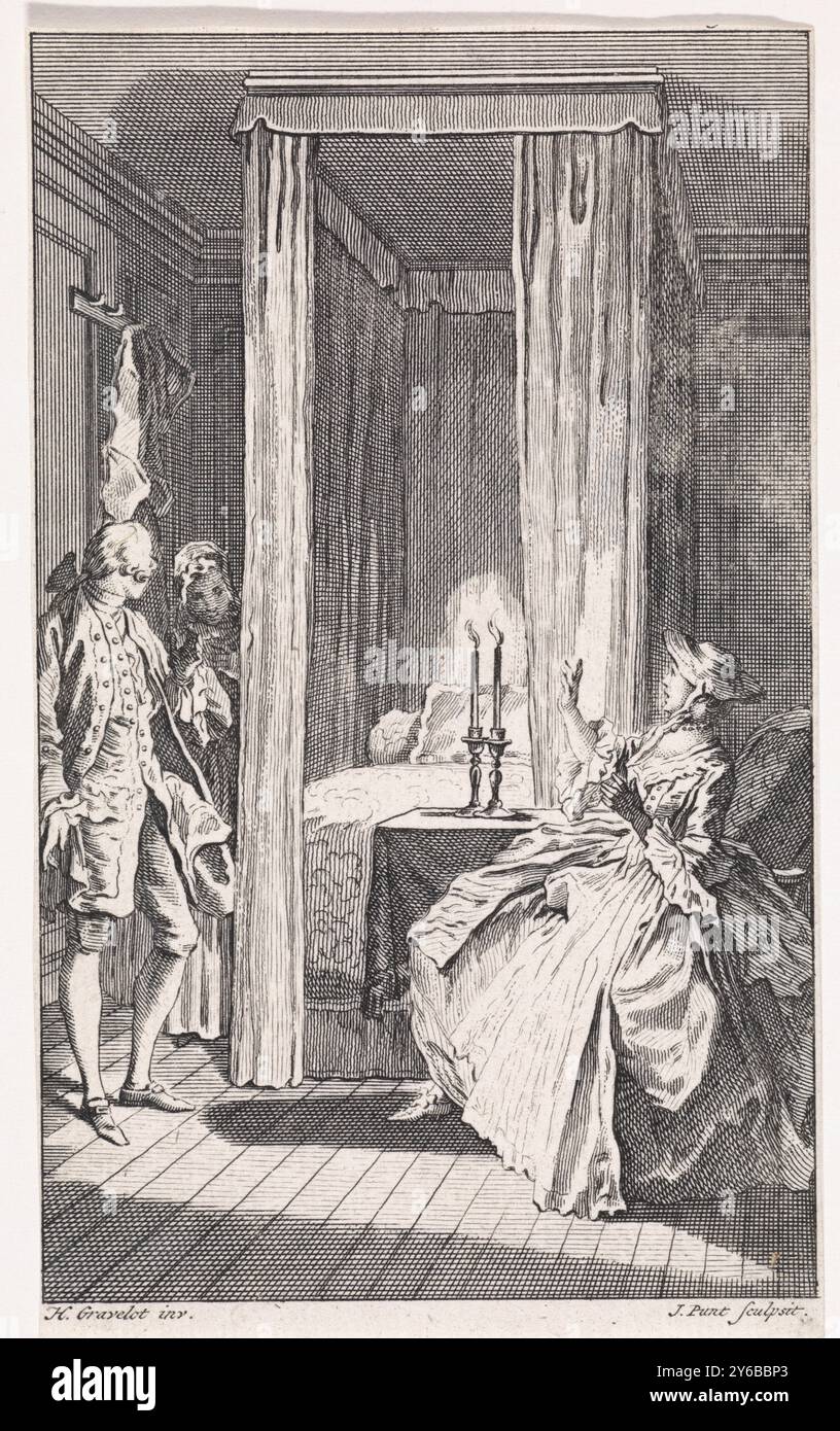 La signora Bellaston è scioccata da Thomas Jones. Quando Thomas Jones improvvisamente entra di nuovo nella sua stanza, la signora Bellaston cade su una sedia in spavento., stampa, stampatore: Jan Punt, (menzionato sull'oggetto), dopo il progetto di: Hubert Francesco Gravelot, (menzionato sull'oggetto), Amsterdam, 1749, carta, incisione, incisione, altezza, 130 mm x larghezza, 78 mm Foto Stock