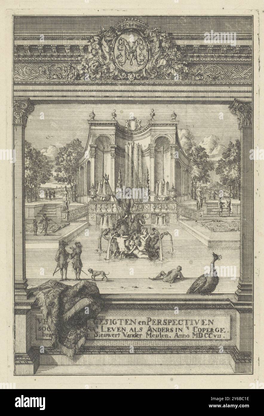 Fontana di Nettuno, luoghi e prospettive (titolo della serie), vari luoghi e prospettive soo na 't Leven als Anders in 't Coper bra[gt di Sieuwert van der Meulen (titolo della serie sull'oggetto), Una Fontana di Nettuno sul suo carro circondata da gargoyle dei tritoni. Alcune figure nel giardino. La scena è incorniciata da colonne. In alto al centro un monogramma con la lettera M. sul davanzale un tappeto e un pavone., stampa, stampatore: Sieuwert van der Meulen, (menzionato sull'oggetto), Paesi Bassi, 1707, carta, incisione, altezza, 243 mm x larghezza, 164 mm Foto Stock